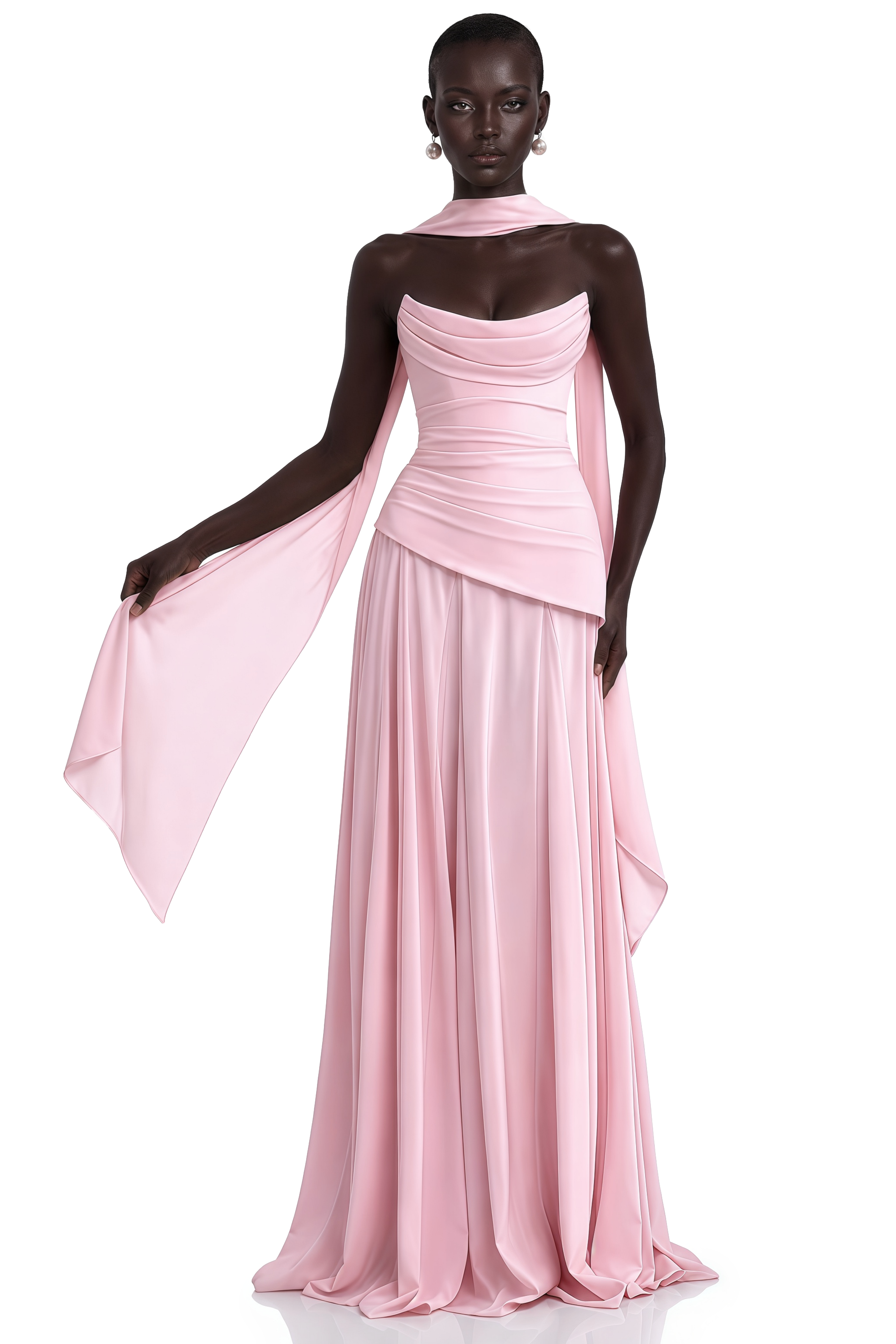 Pink strapless gown with a matching neck scarf