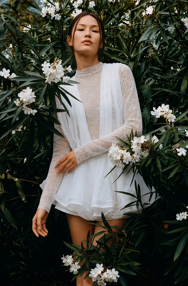 Isoline White Semi-Sheer Lace Top & Shorts & Dress Matching Set