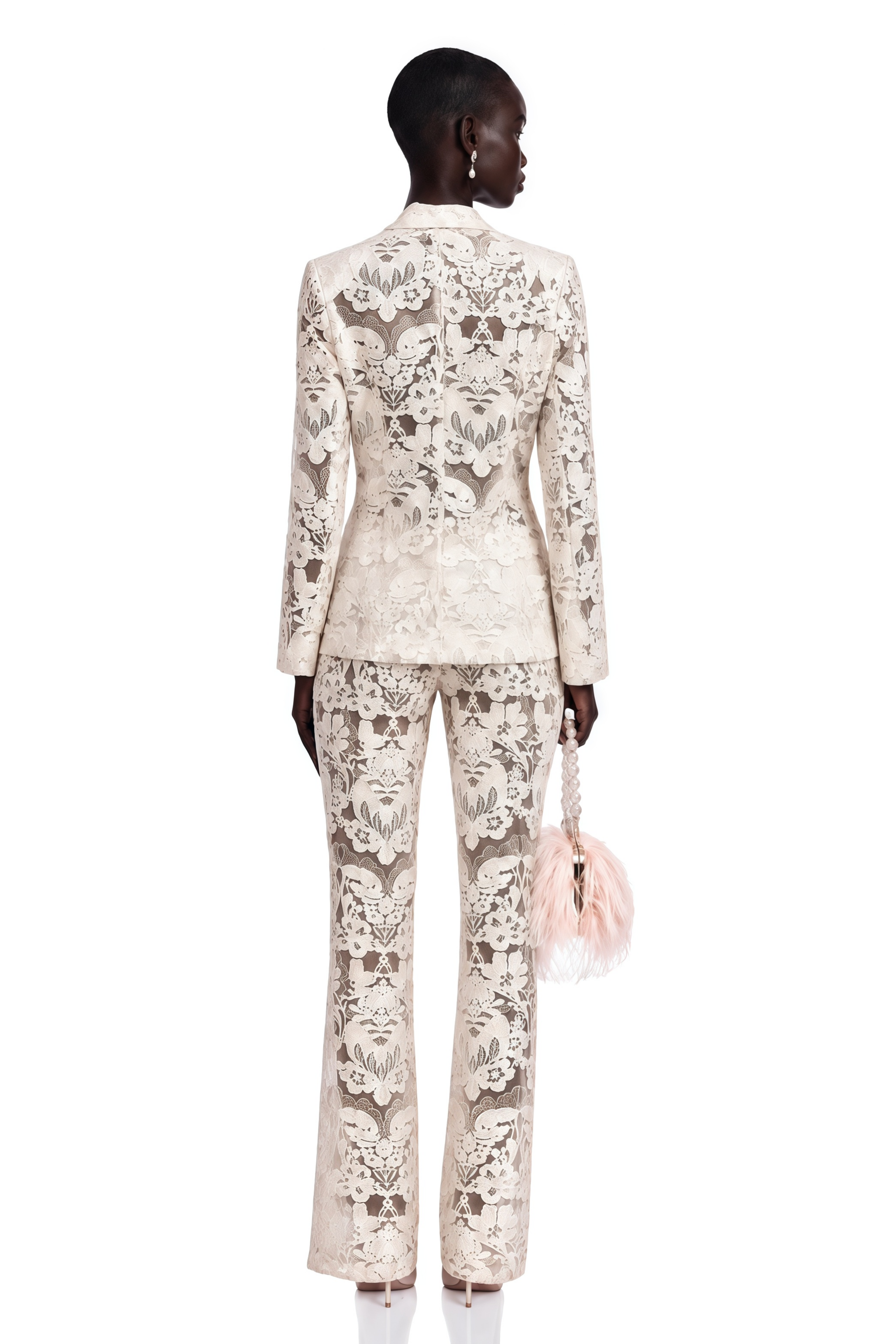 Yaelle White Sequined Flower-Embroidered Tulle Blazer & Trousers Matching Set