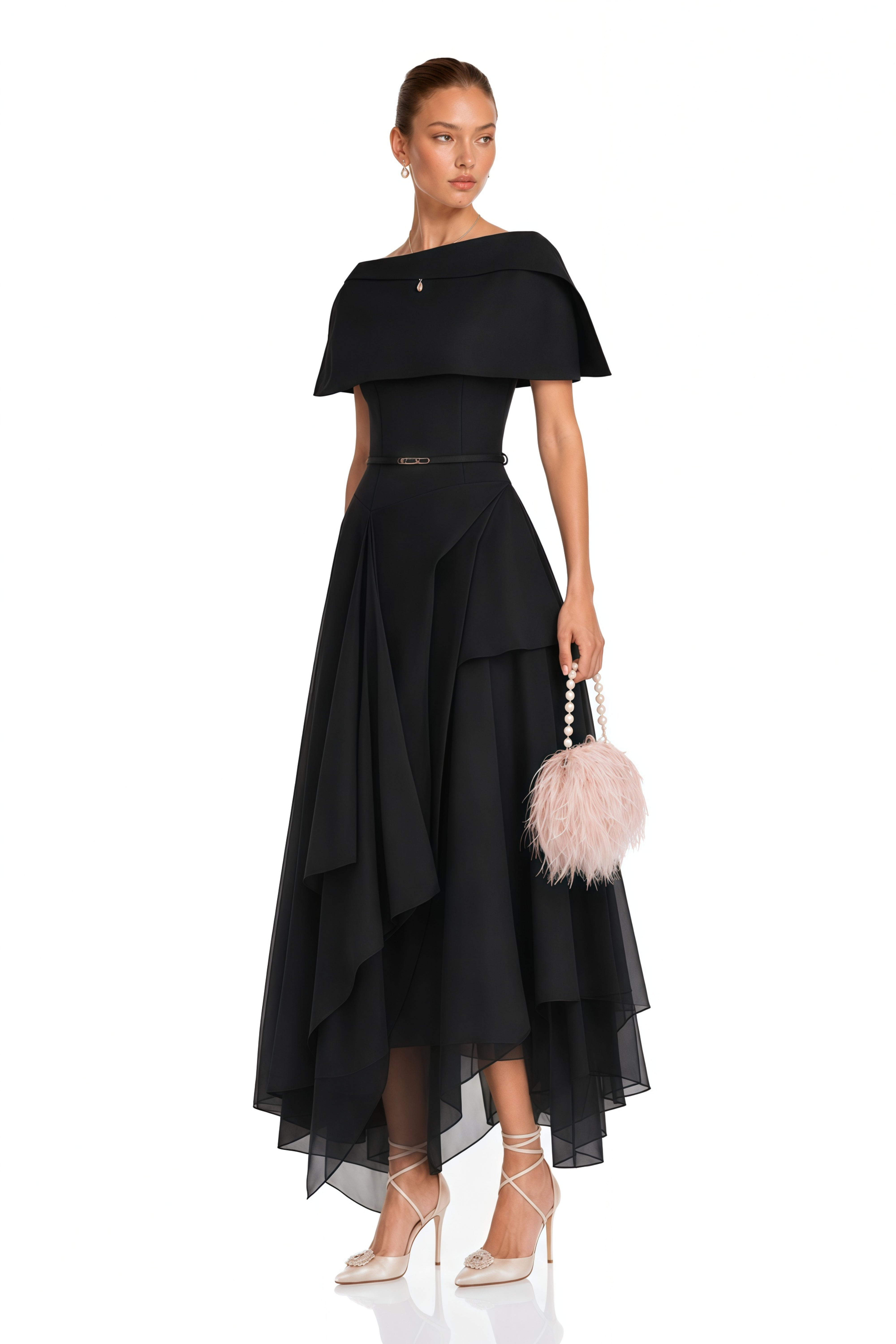 Aria Black Asymmetrical Shawl & Tulle Panel Dress Set