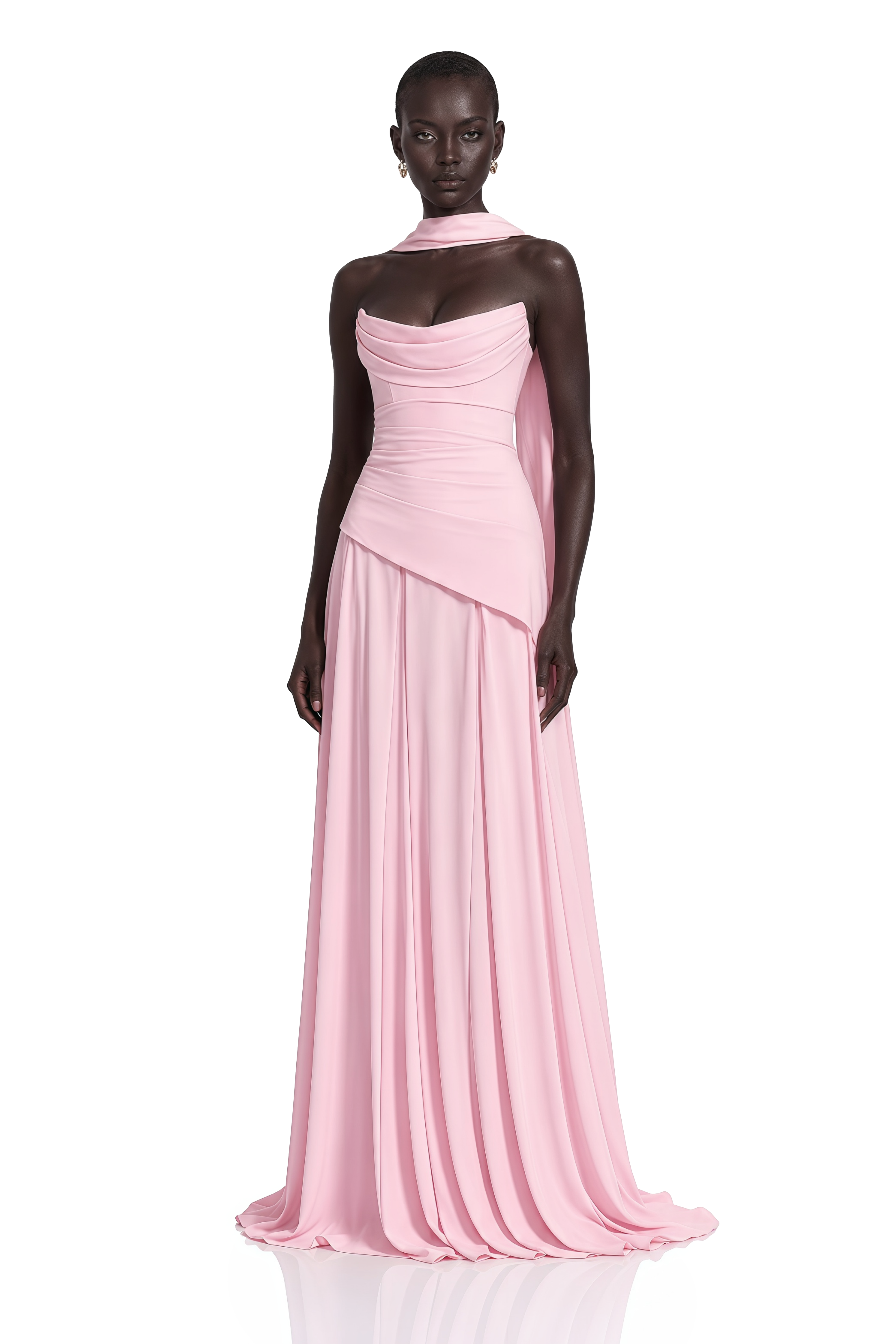 Pink strapless gown with a matching neck scarf