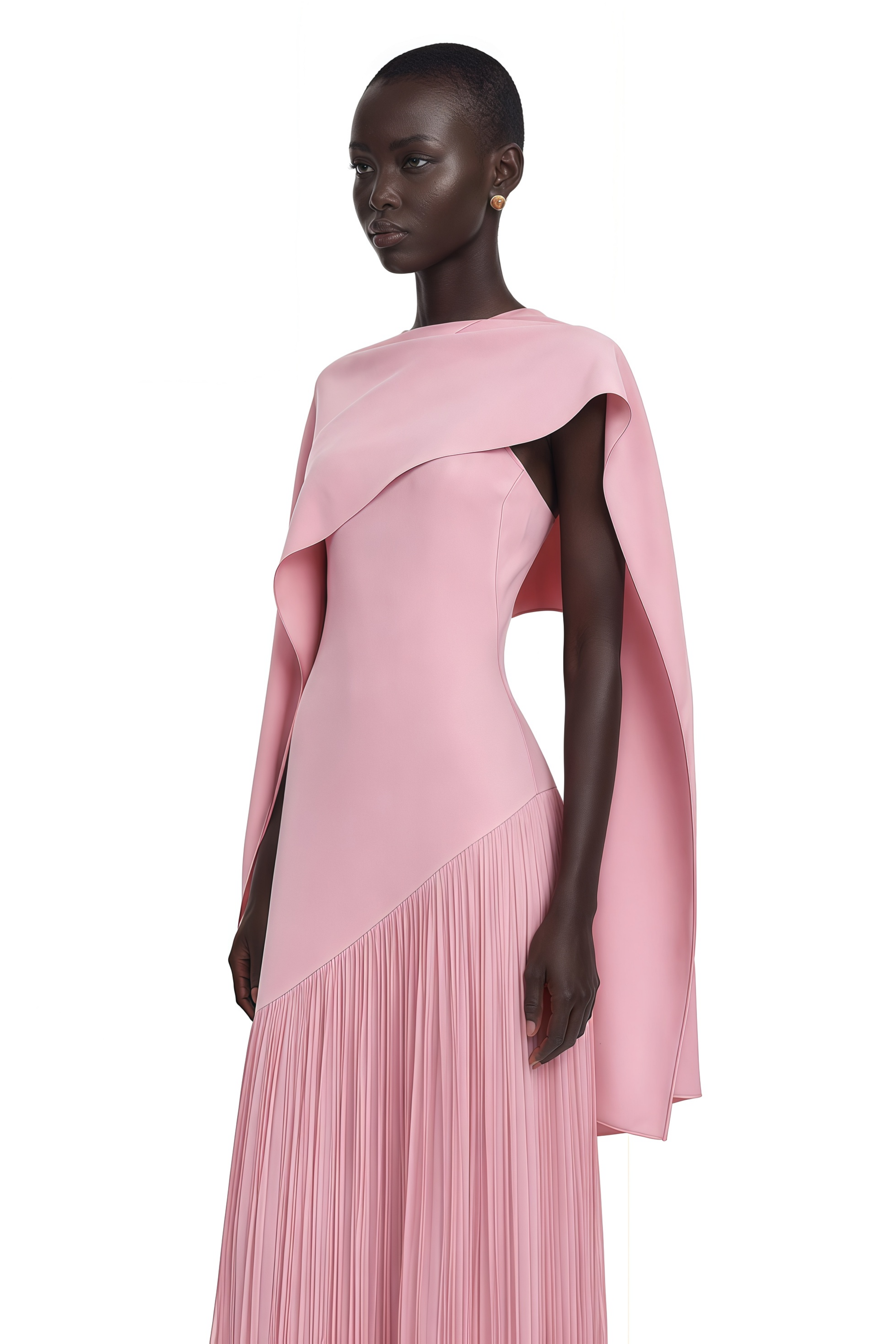 Cayetana Pink Fringe Maxi Dress with Cape Effect