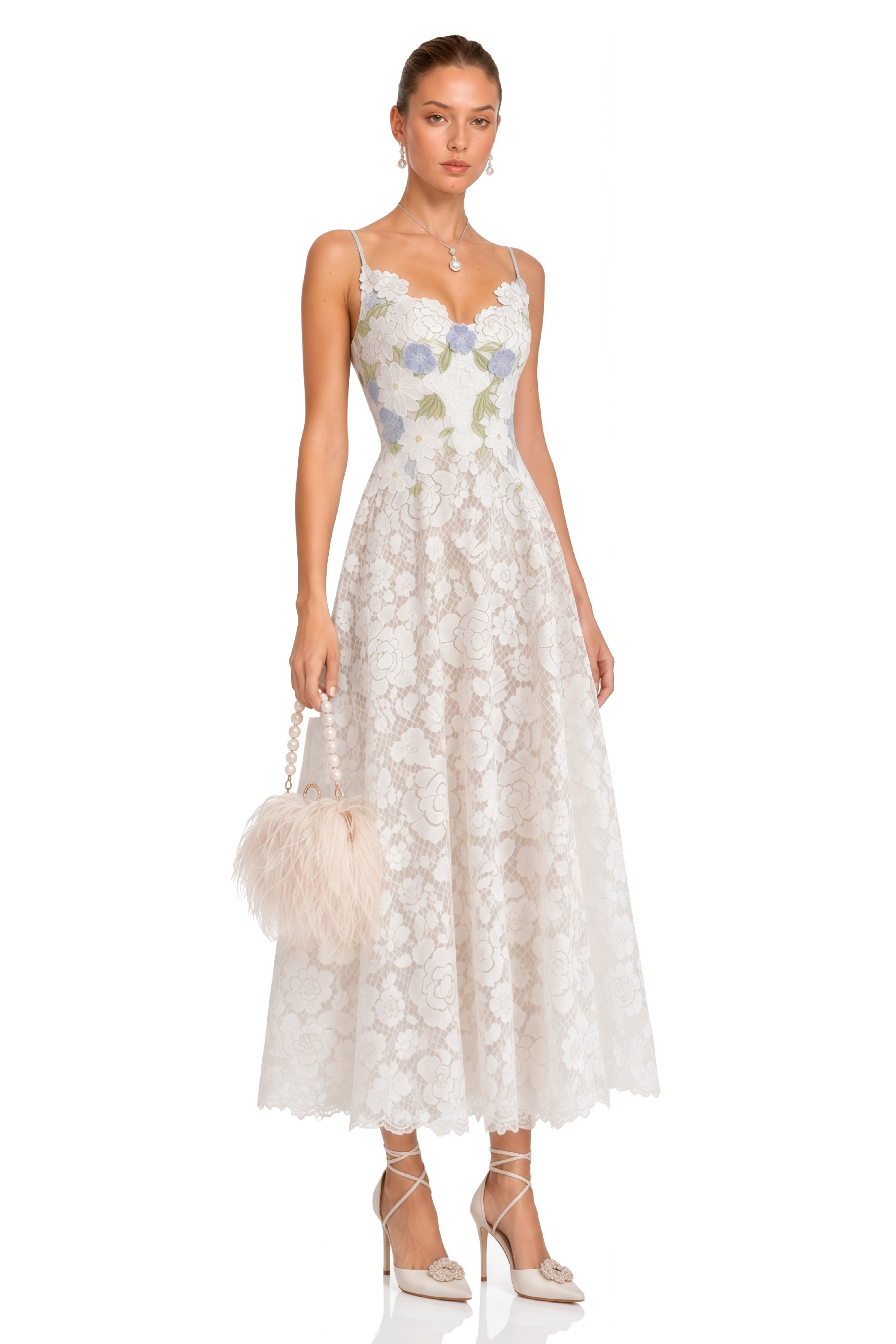 Solea White Floral Embroidered Lace Midi Dress