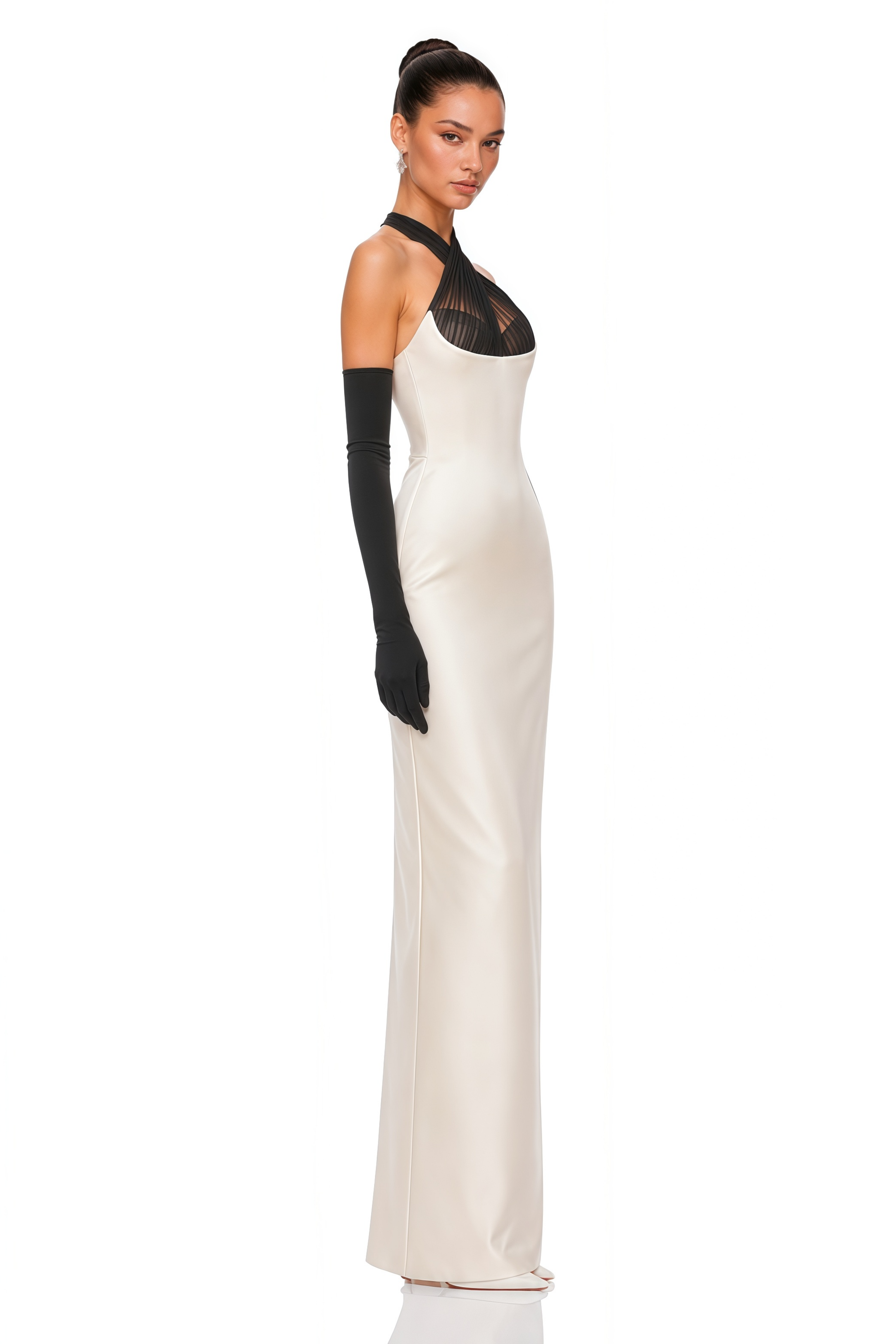 Ronit Champagne Satin Maxi Dress with Tulle Panels (Without Gloves)