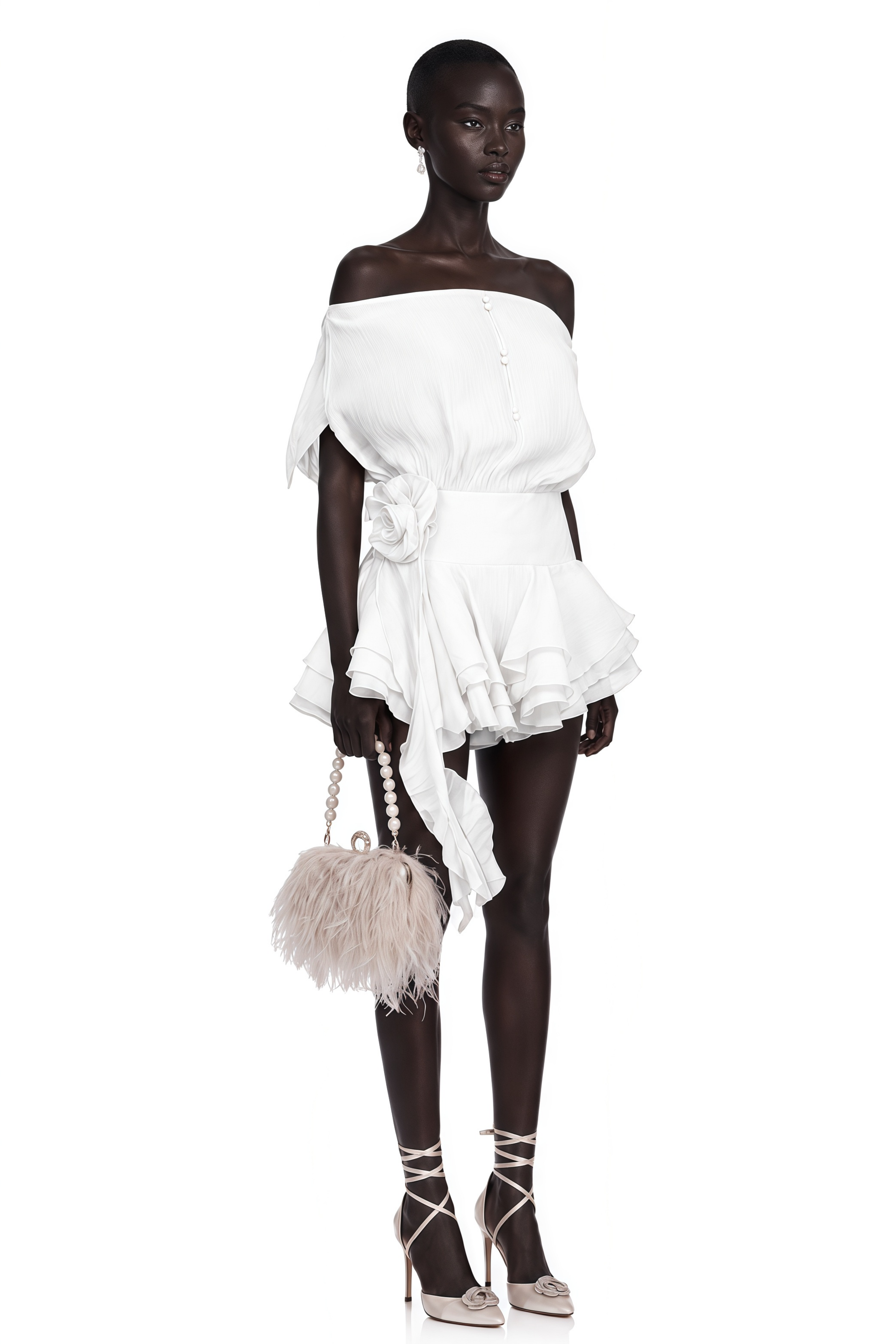 Amélie White Floral Appliqué Flounced Mini Dress