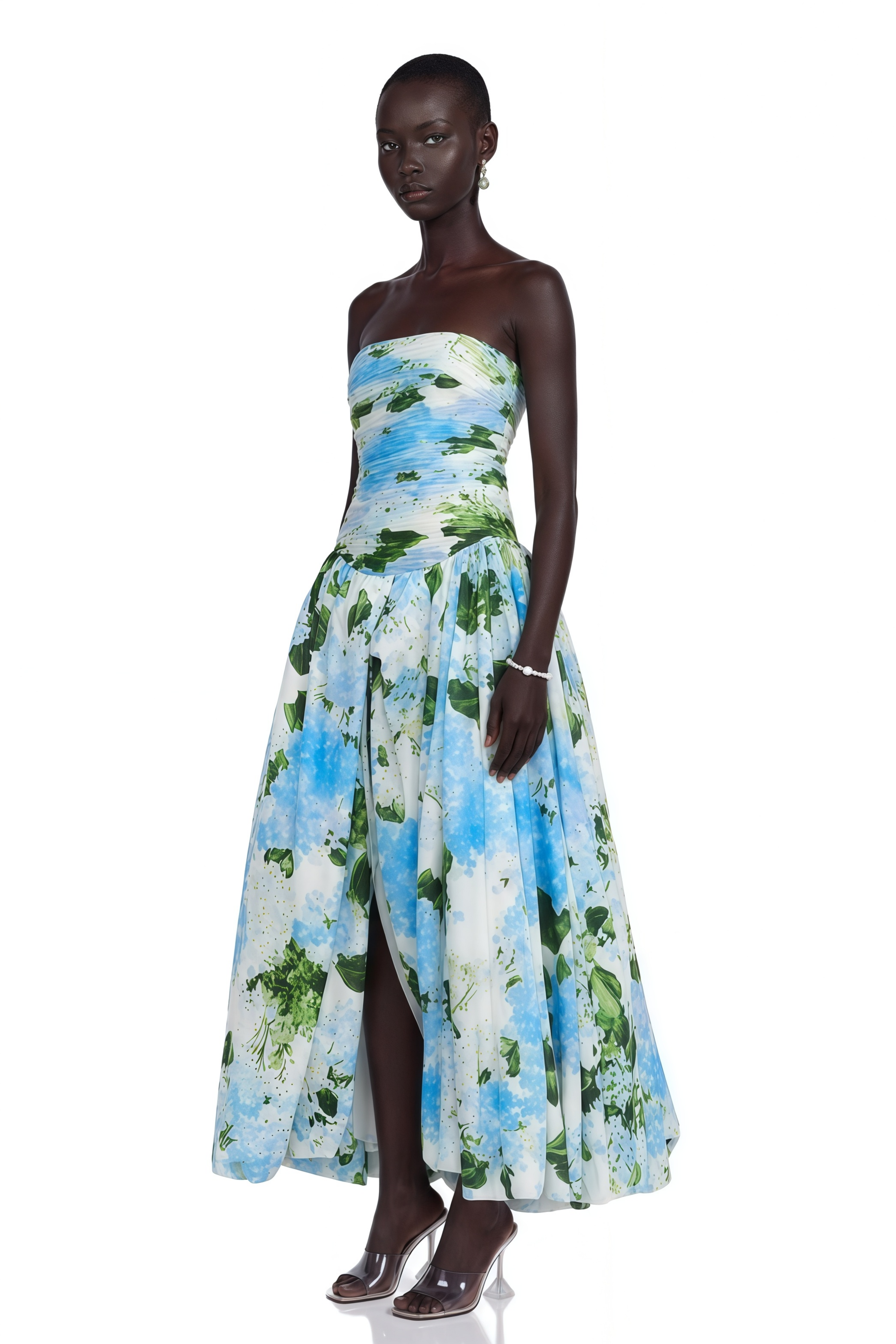 Parastoo Blue Hydrangea Floral Print Pleated Maxi Dress