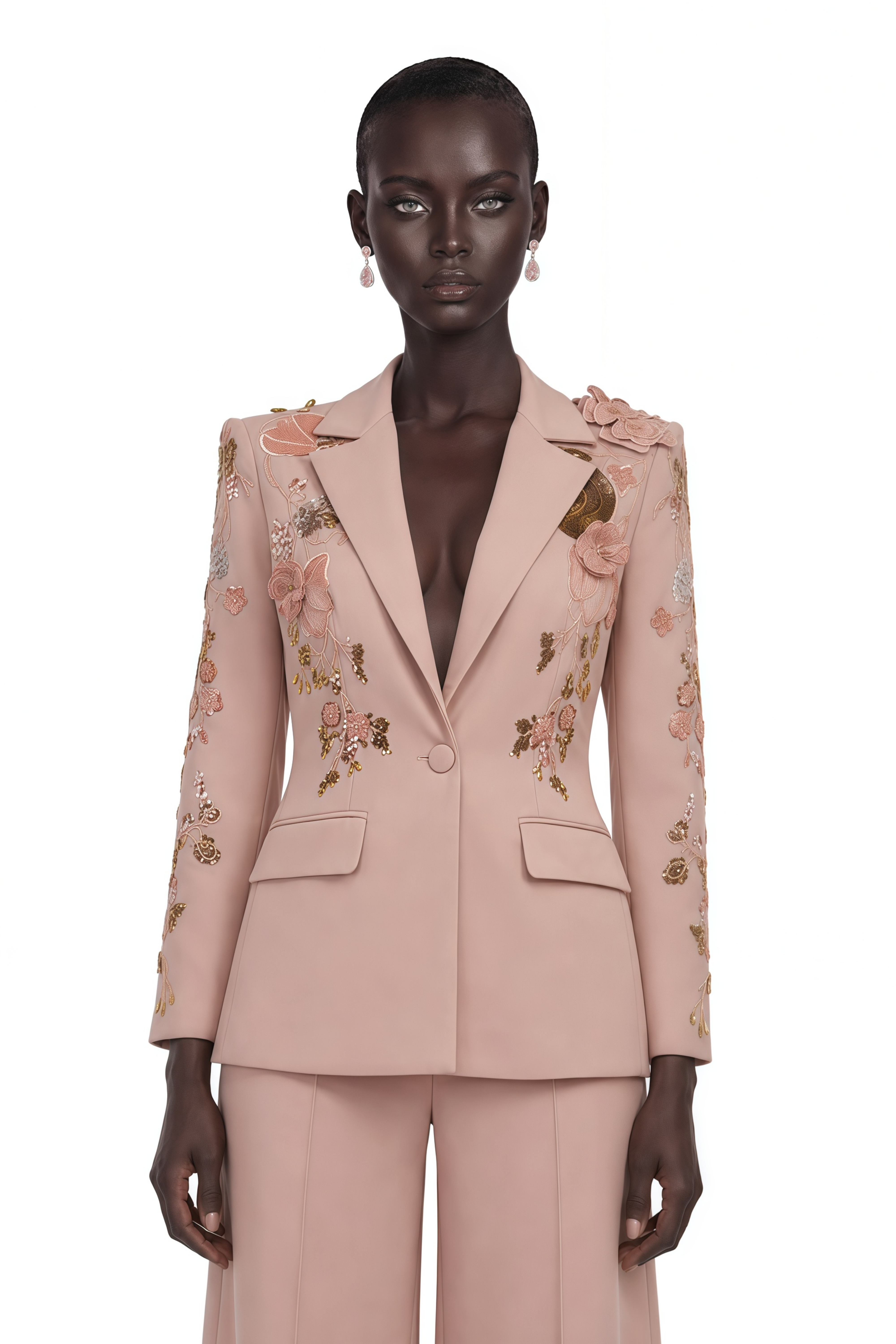 Morgane Dusty Pink Sequined Floral Blazer & Trousers Set