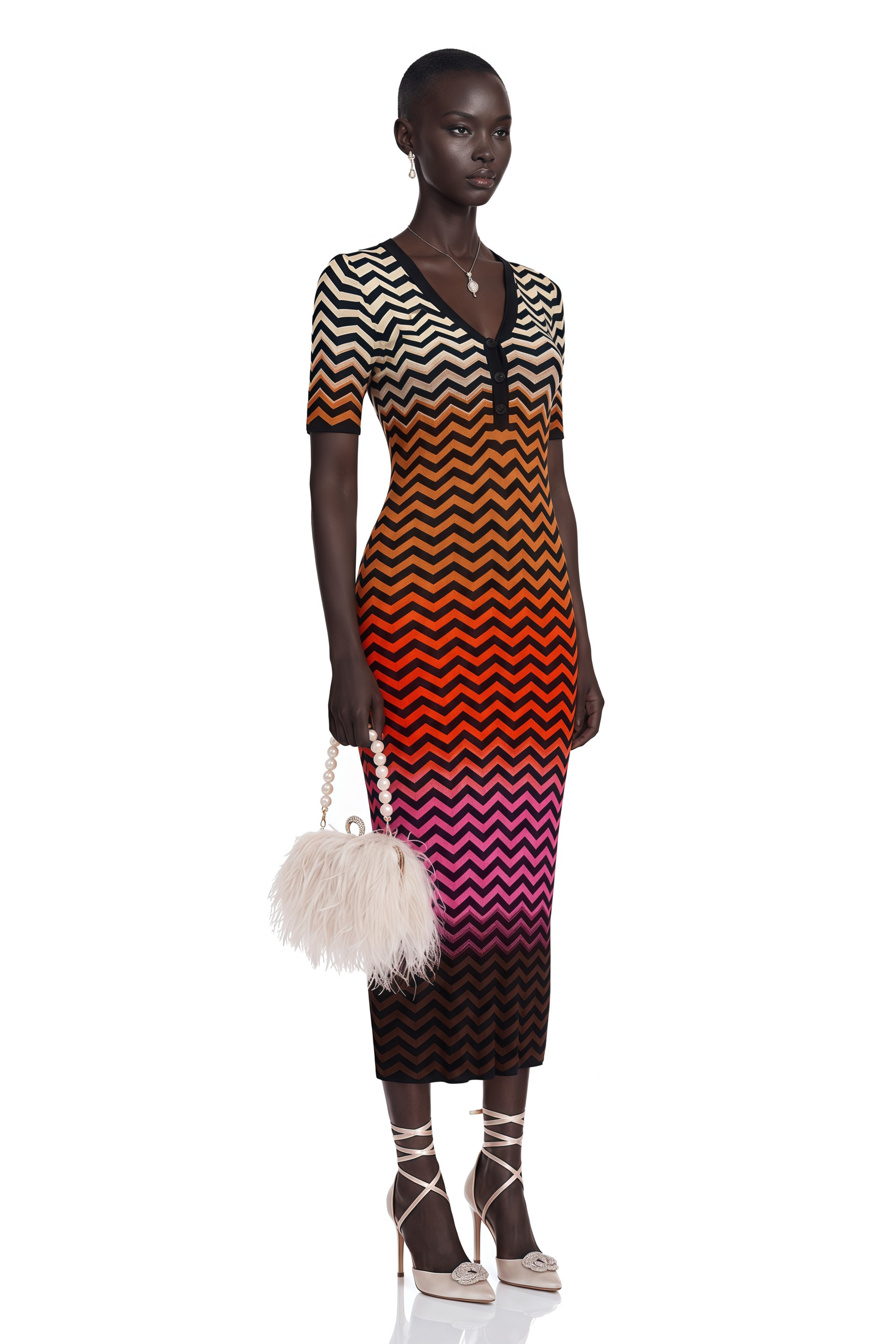 Charitina Brown Gradient Zigzag Knit Midi Dress