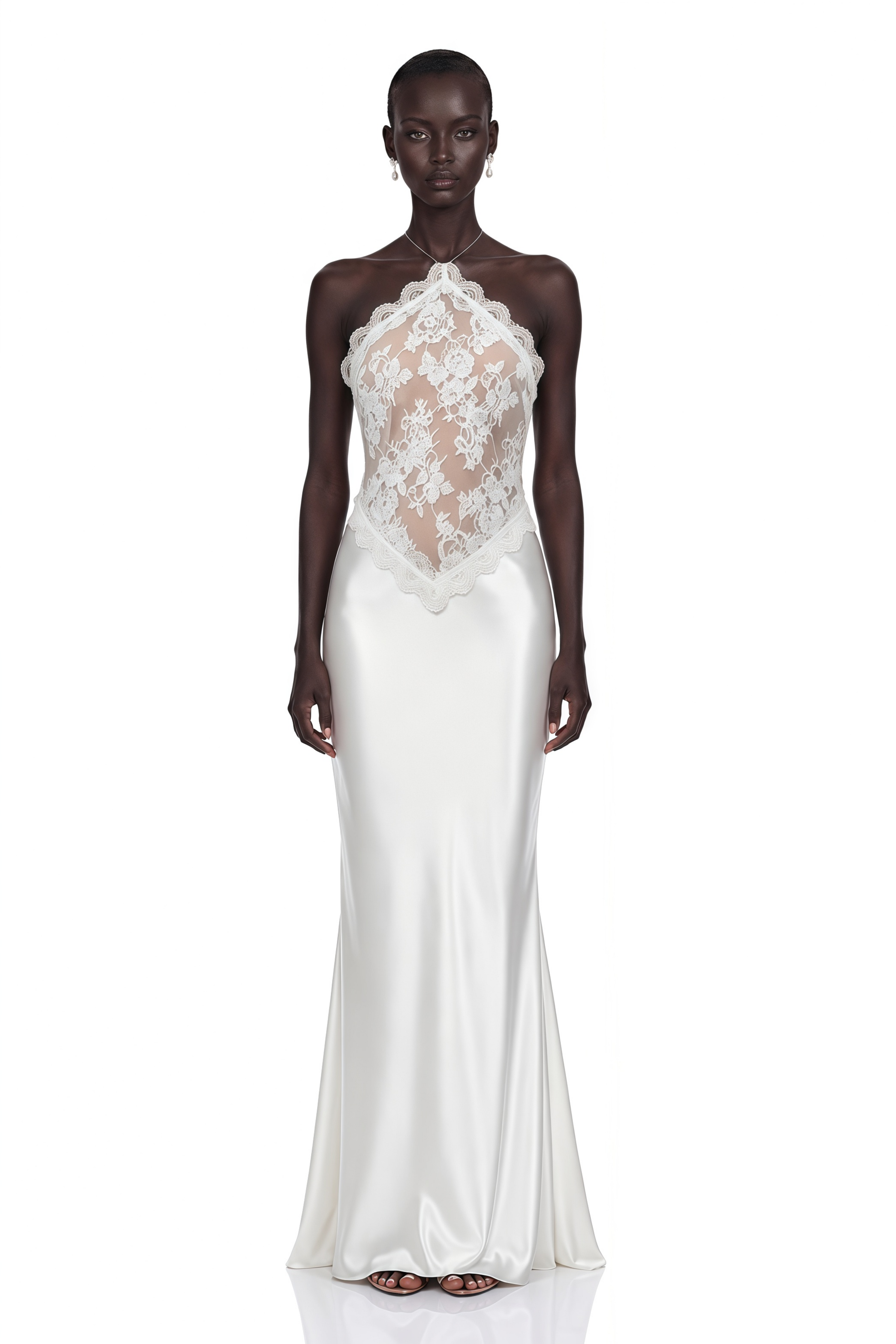Selene White Lace Panel Satin Maxi Dress