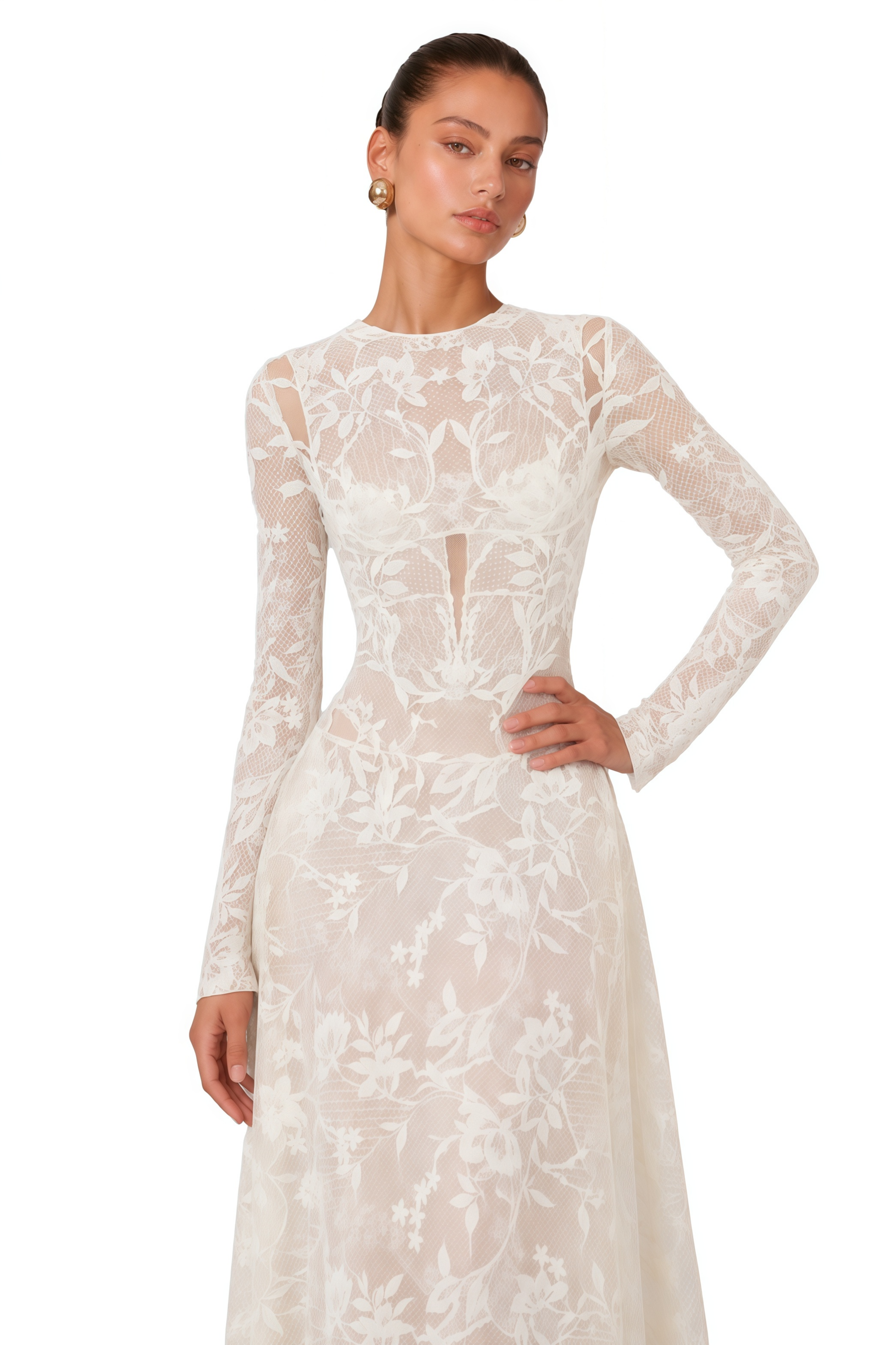 Amber White Long Sleeve Floral Lace Midi Dress