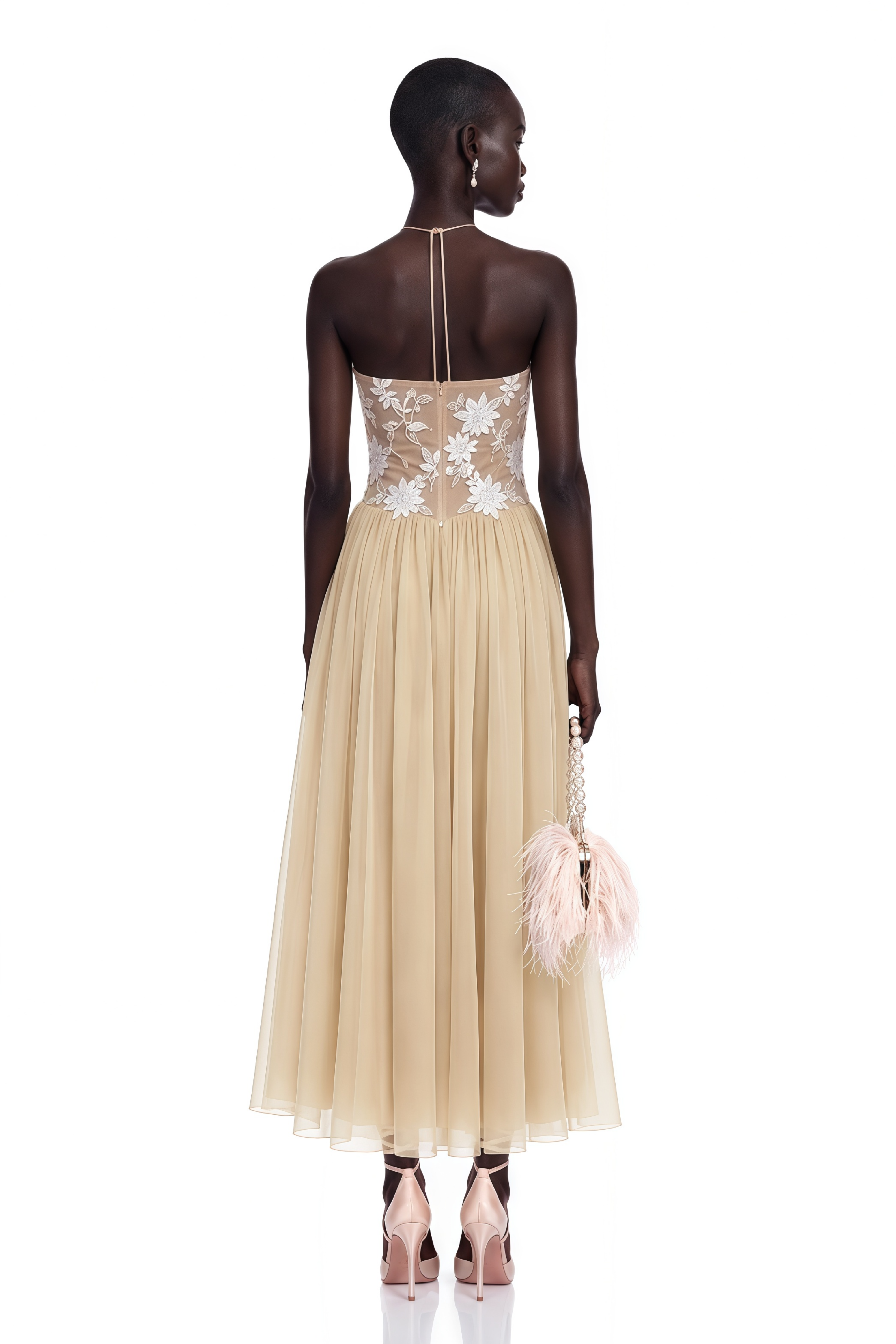 Ruqayya Neutral Floral Embroidered Pleated Maxi Dress