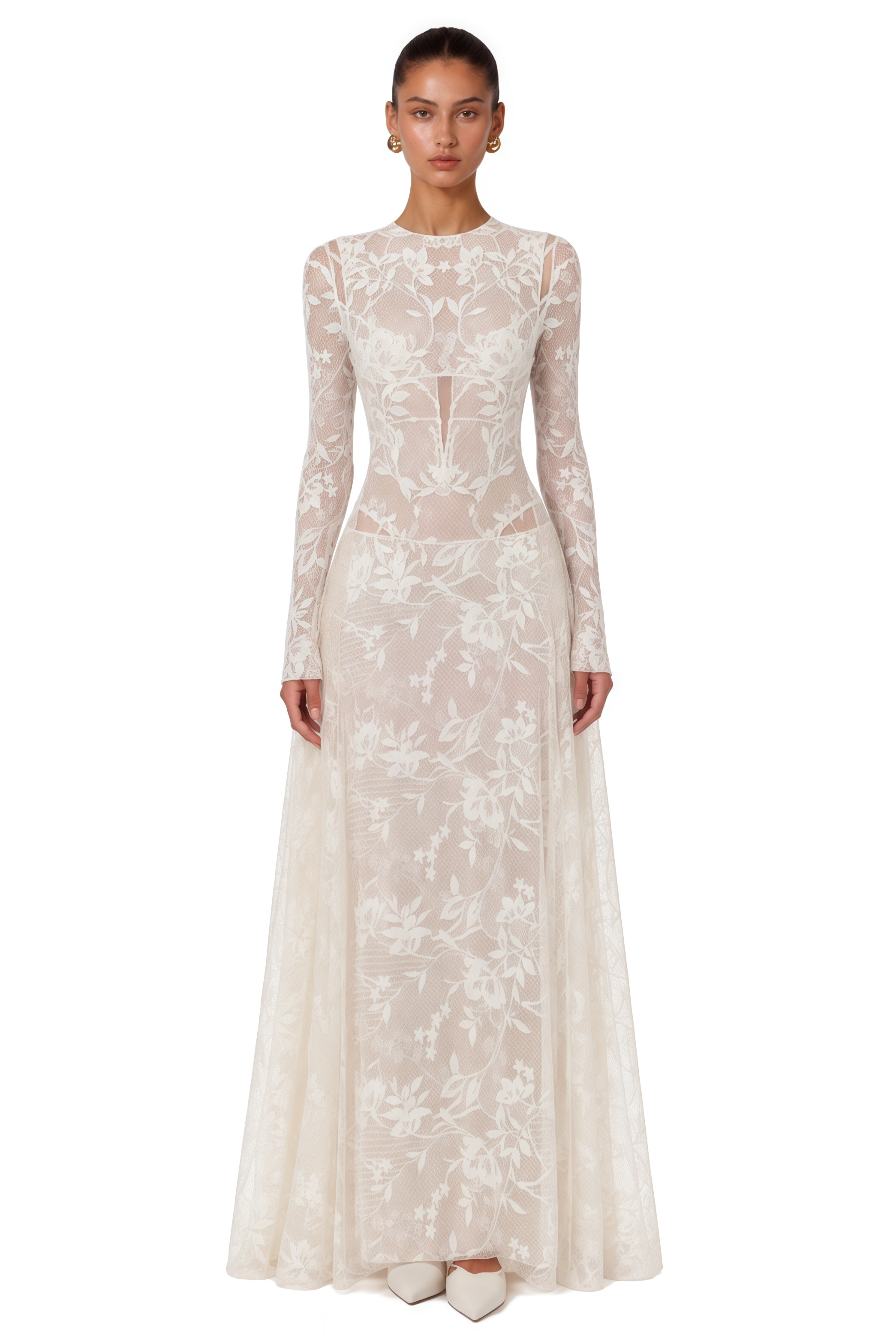 Amber White Long Sleeve Floral Lace Midi Dress