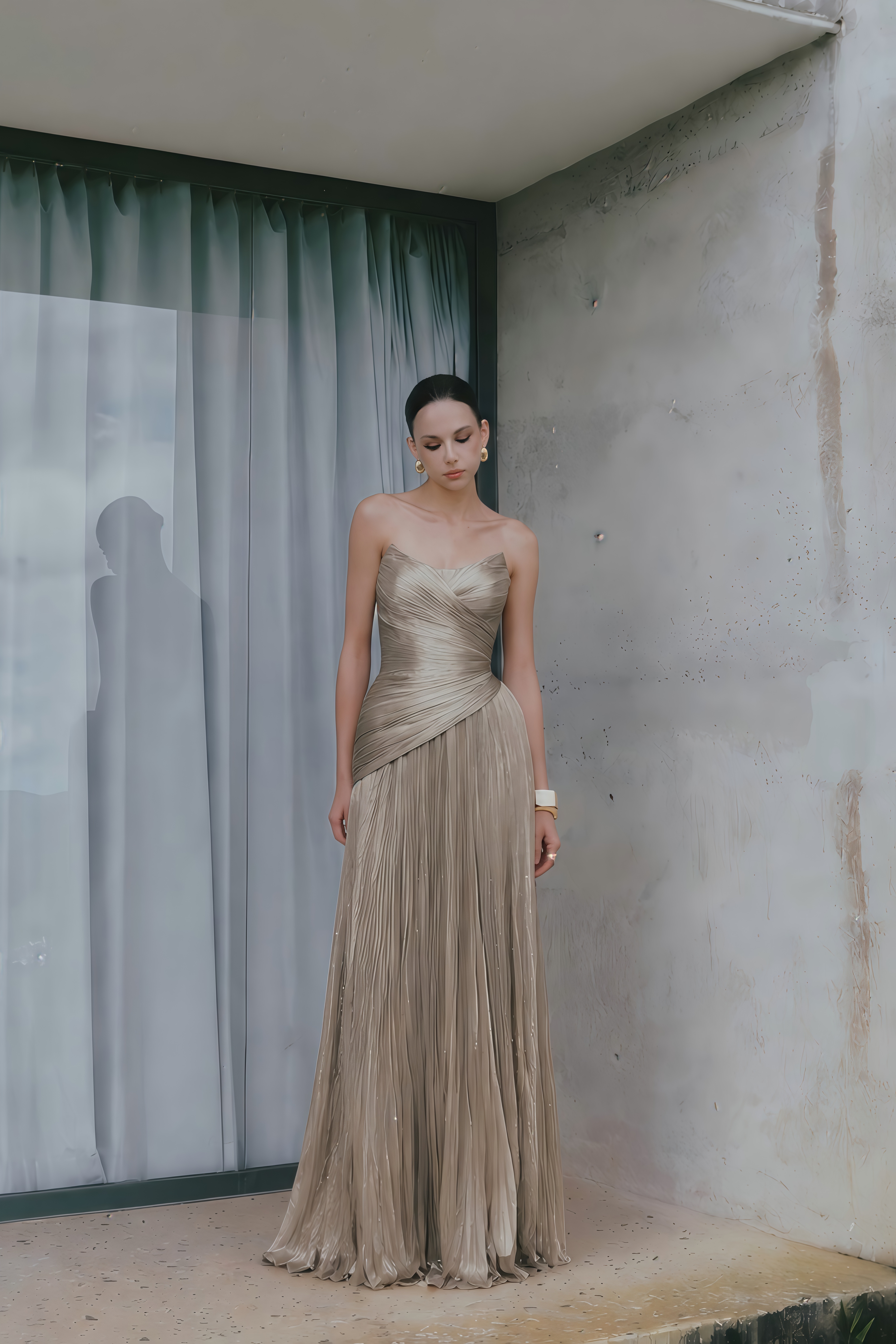 Jacinthe Beige Off Shoulder Pleated Maxi Dress