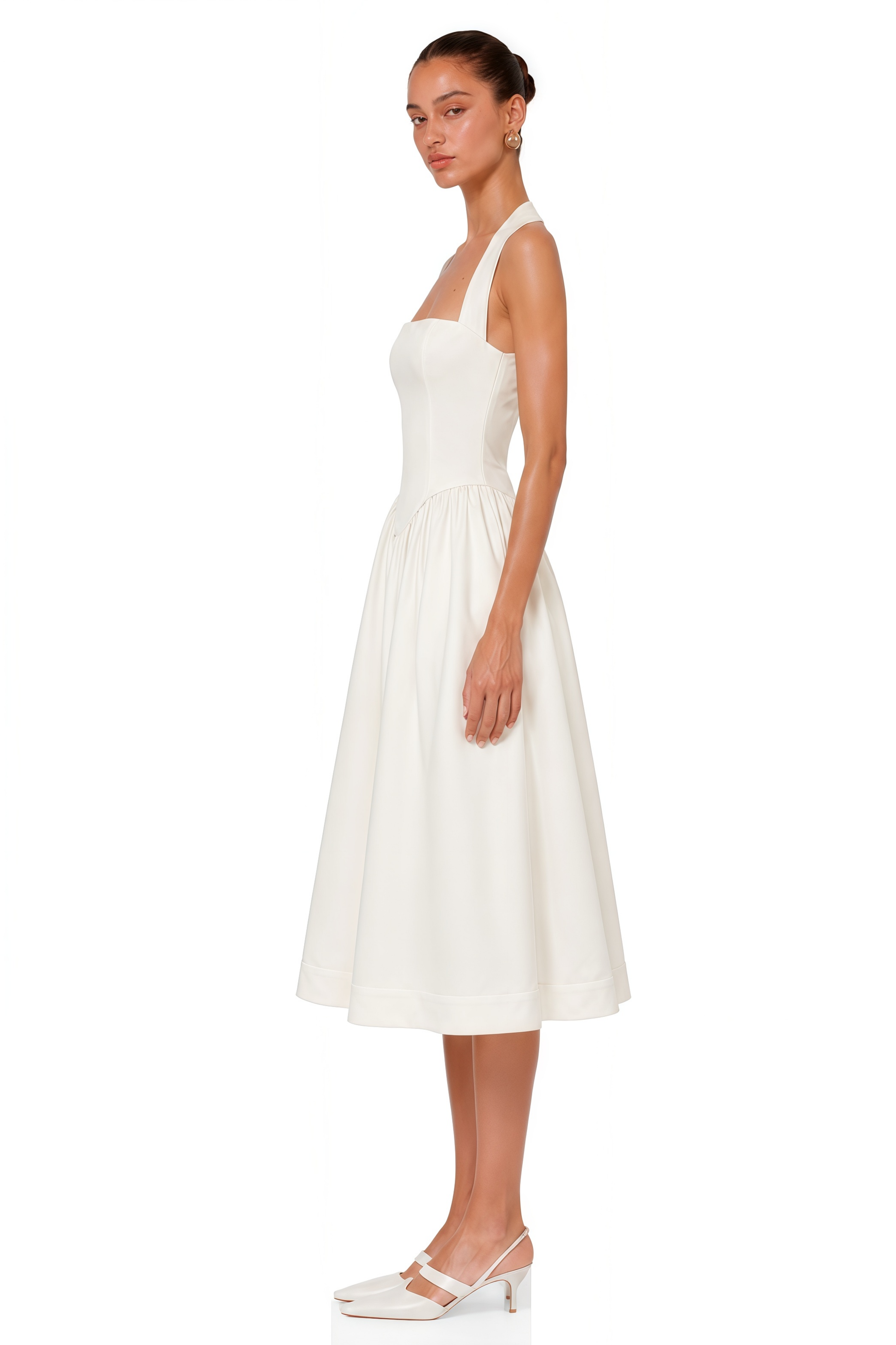 Alizée Halterneck Pleated Midi Dress in White