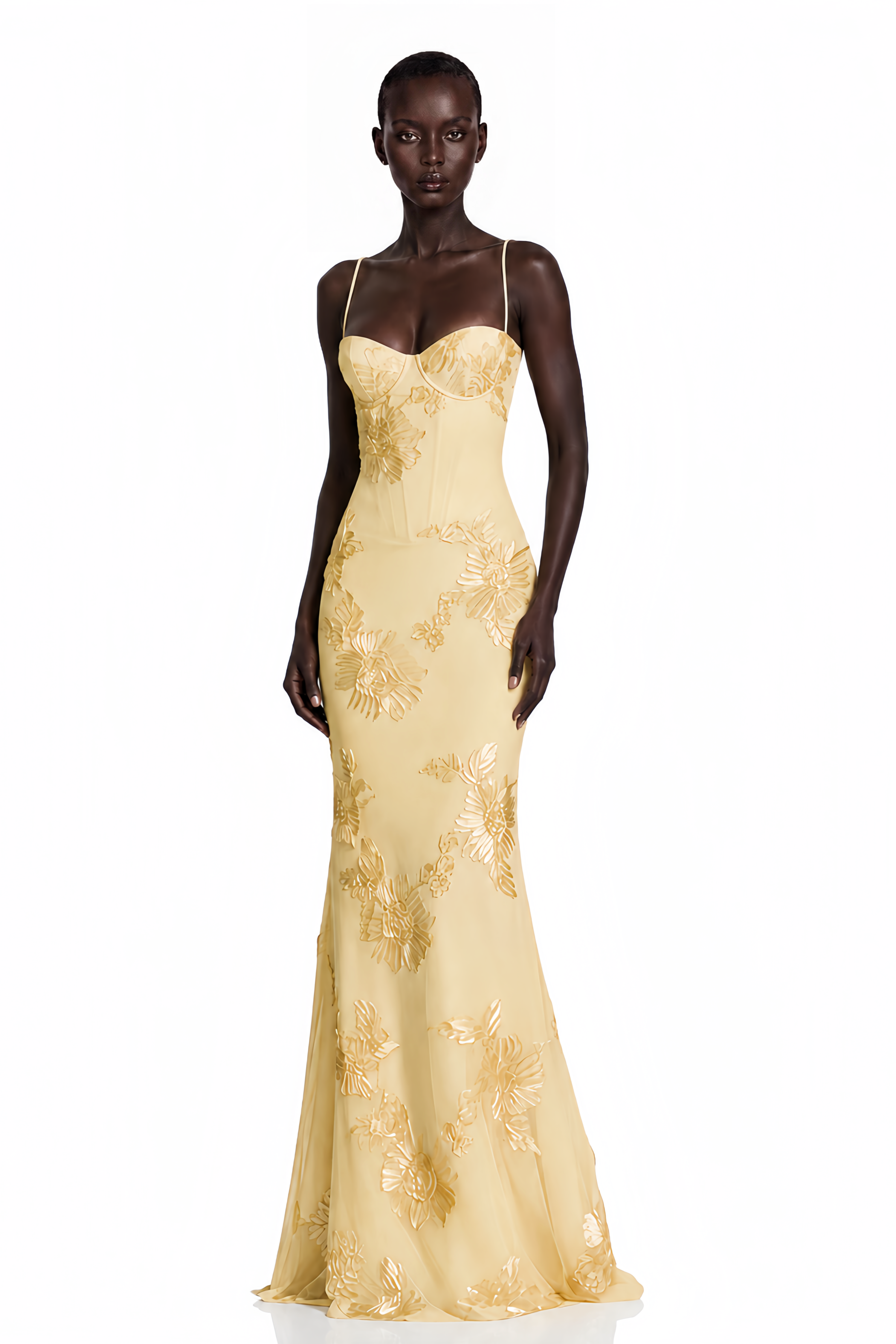Yellow spaghetti strap gown with a floral-embroidered corset bodice
