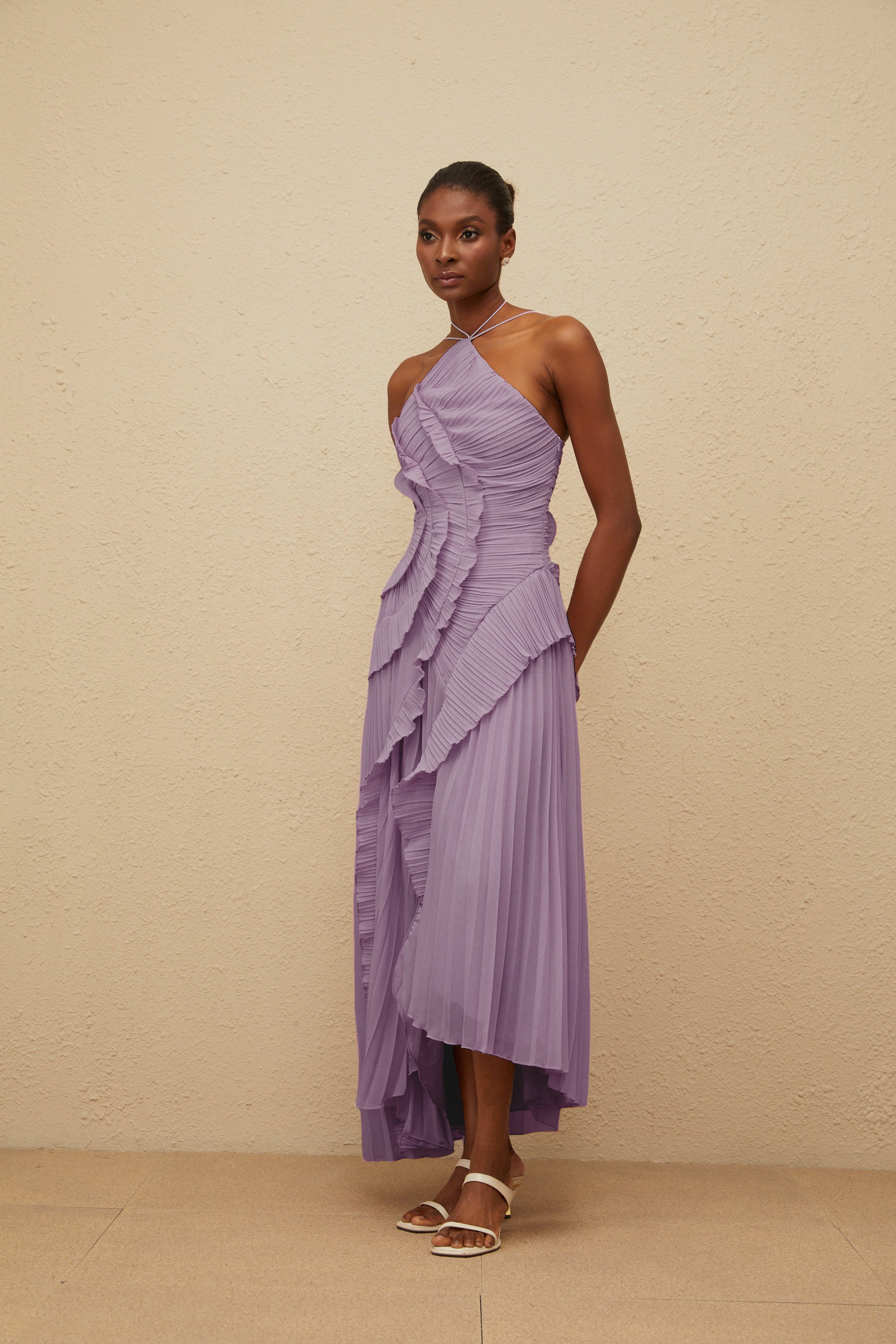 Lavender Ruffled Pleated Midi Dress