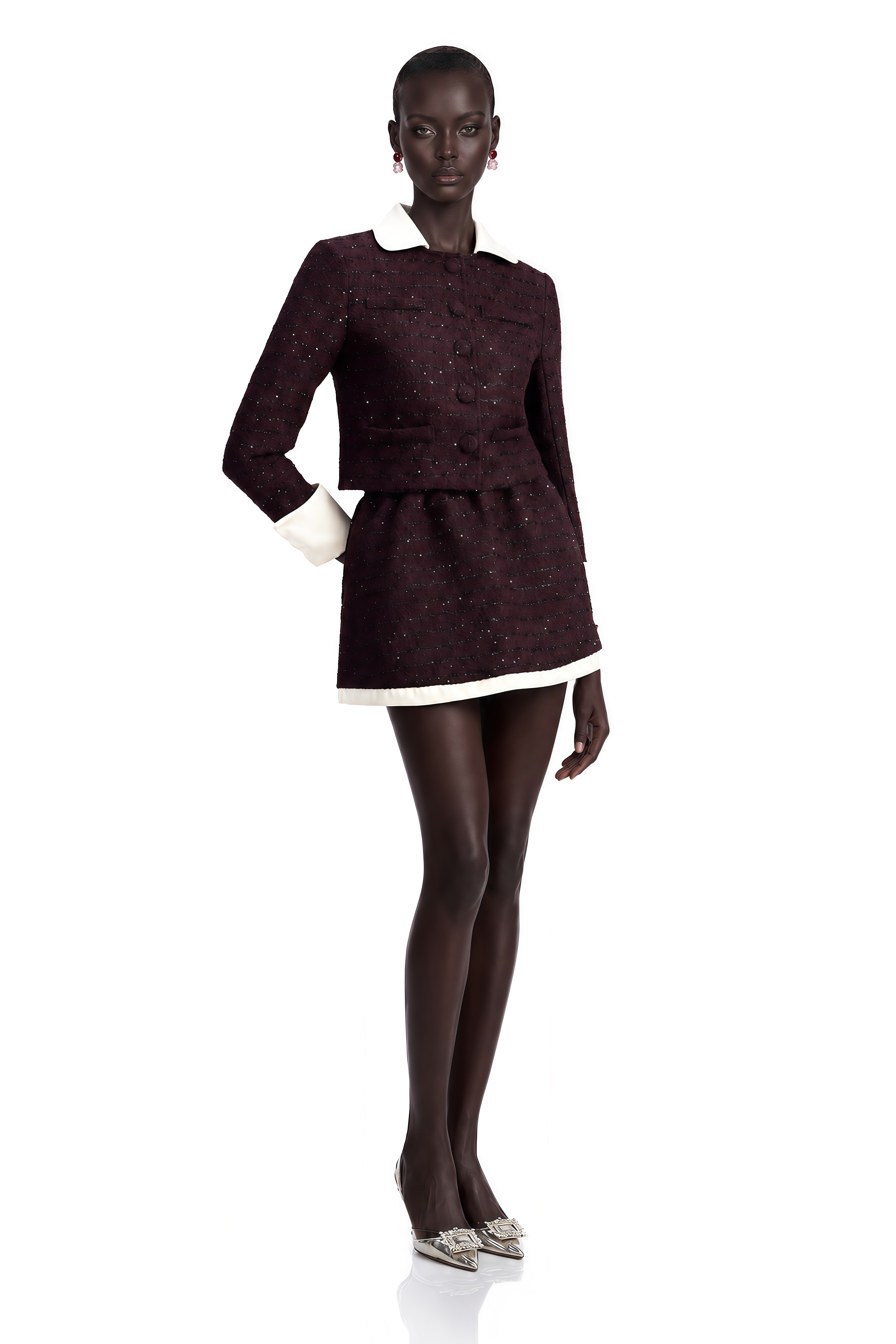 Purple tweed jacket and mini skirt set