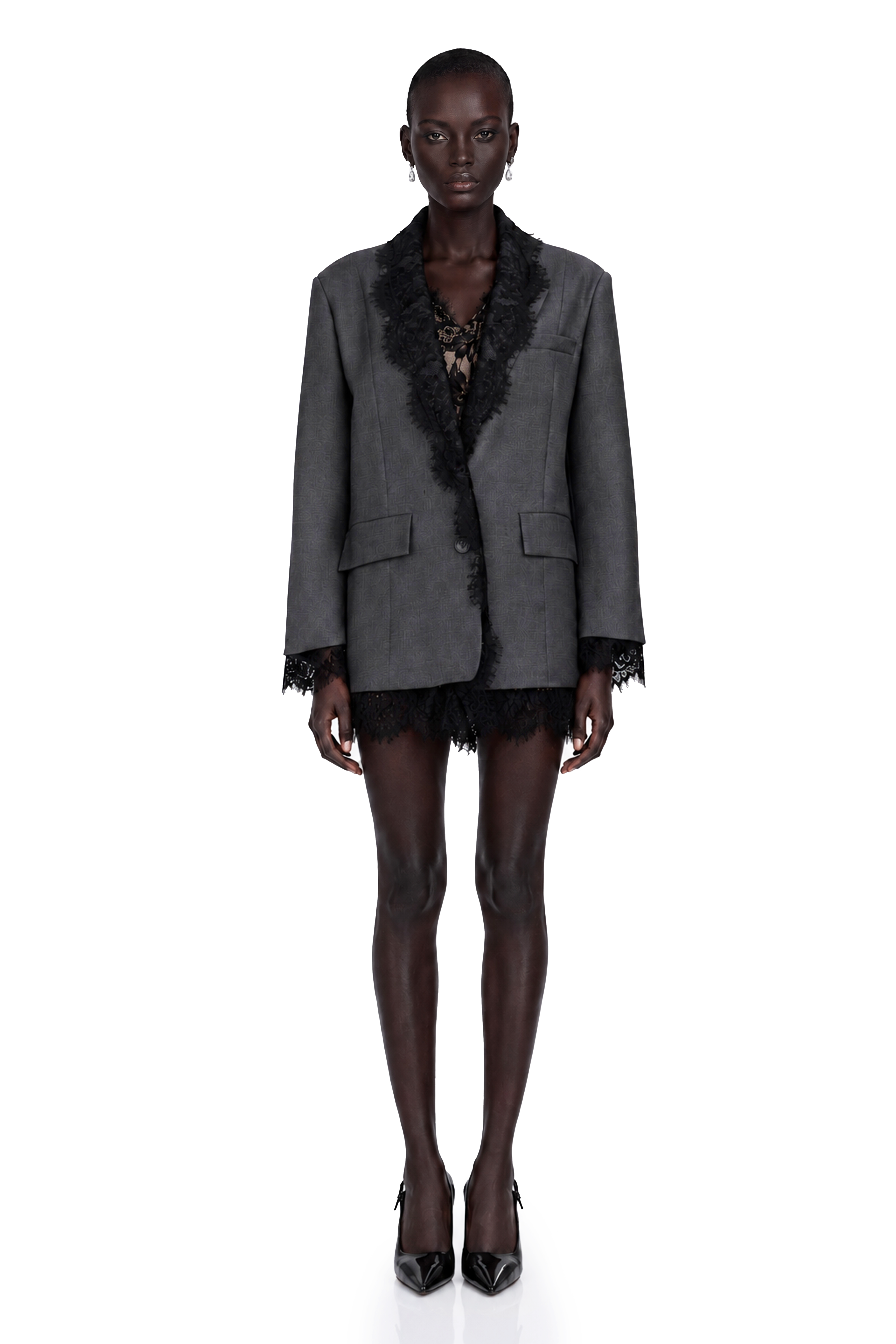 Grey blazer with black lace trim
