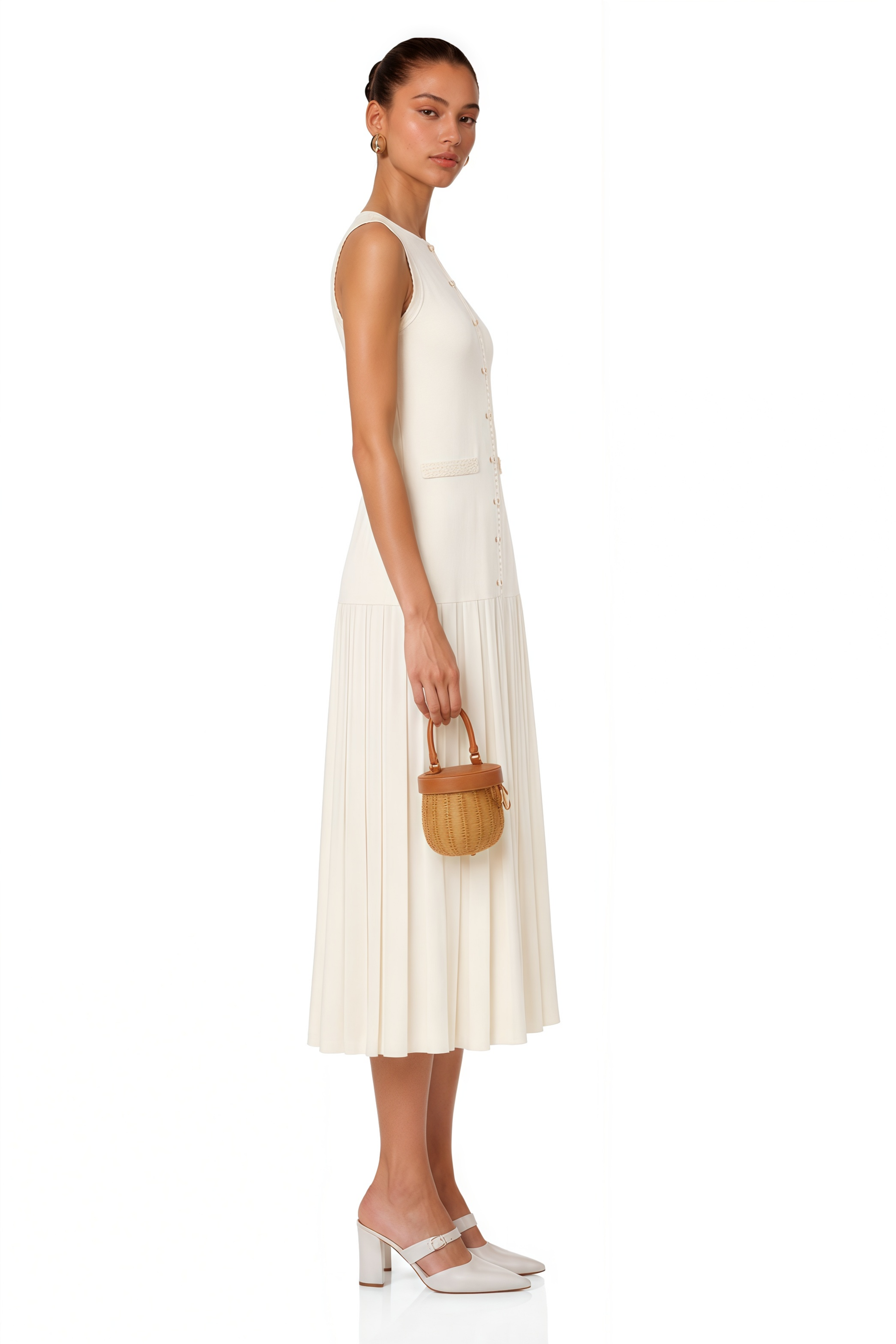 Aurore Beige Faux-Pearl Midi Dress