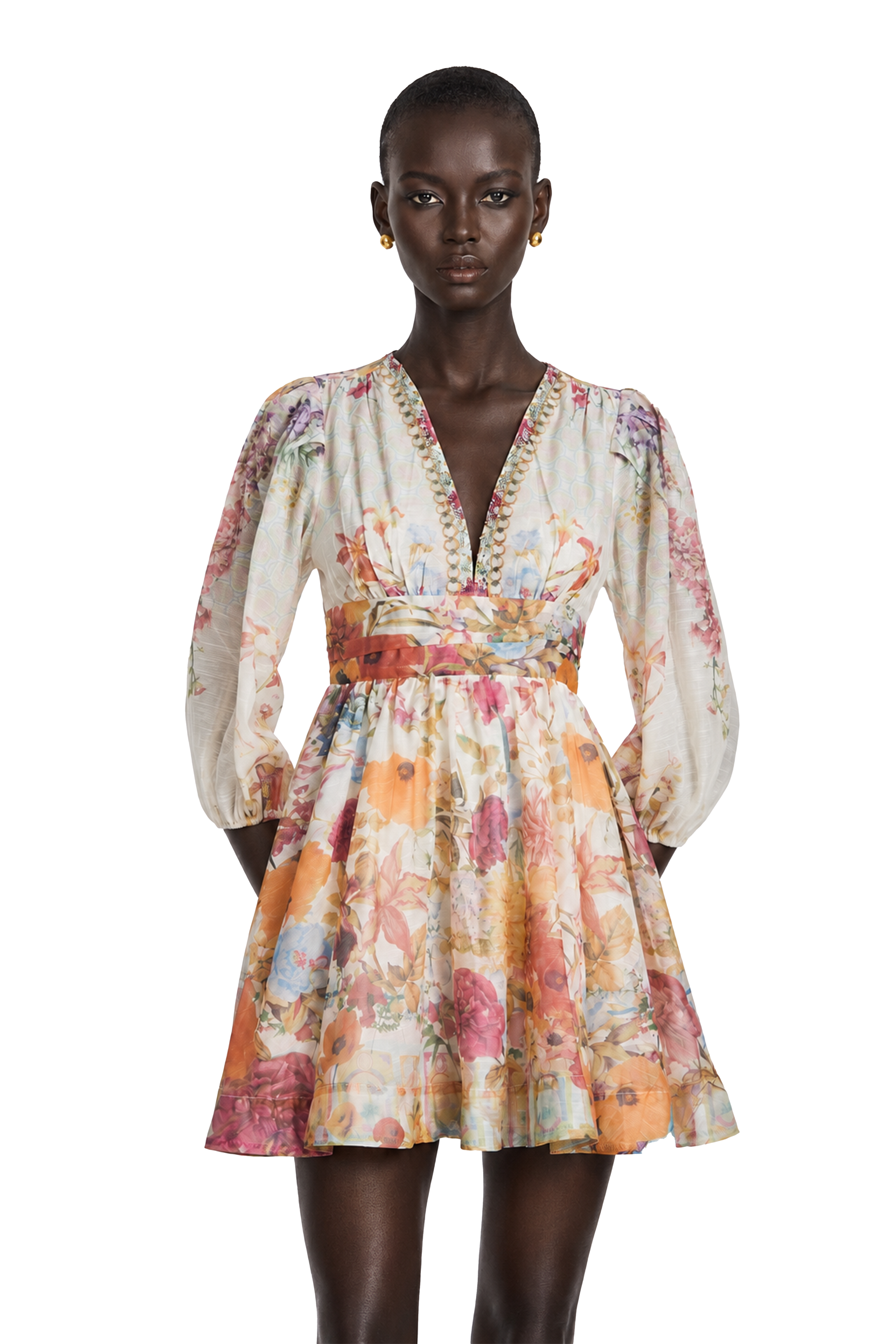 Floral V-neck mini dress with voluminous long sleeves