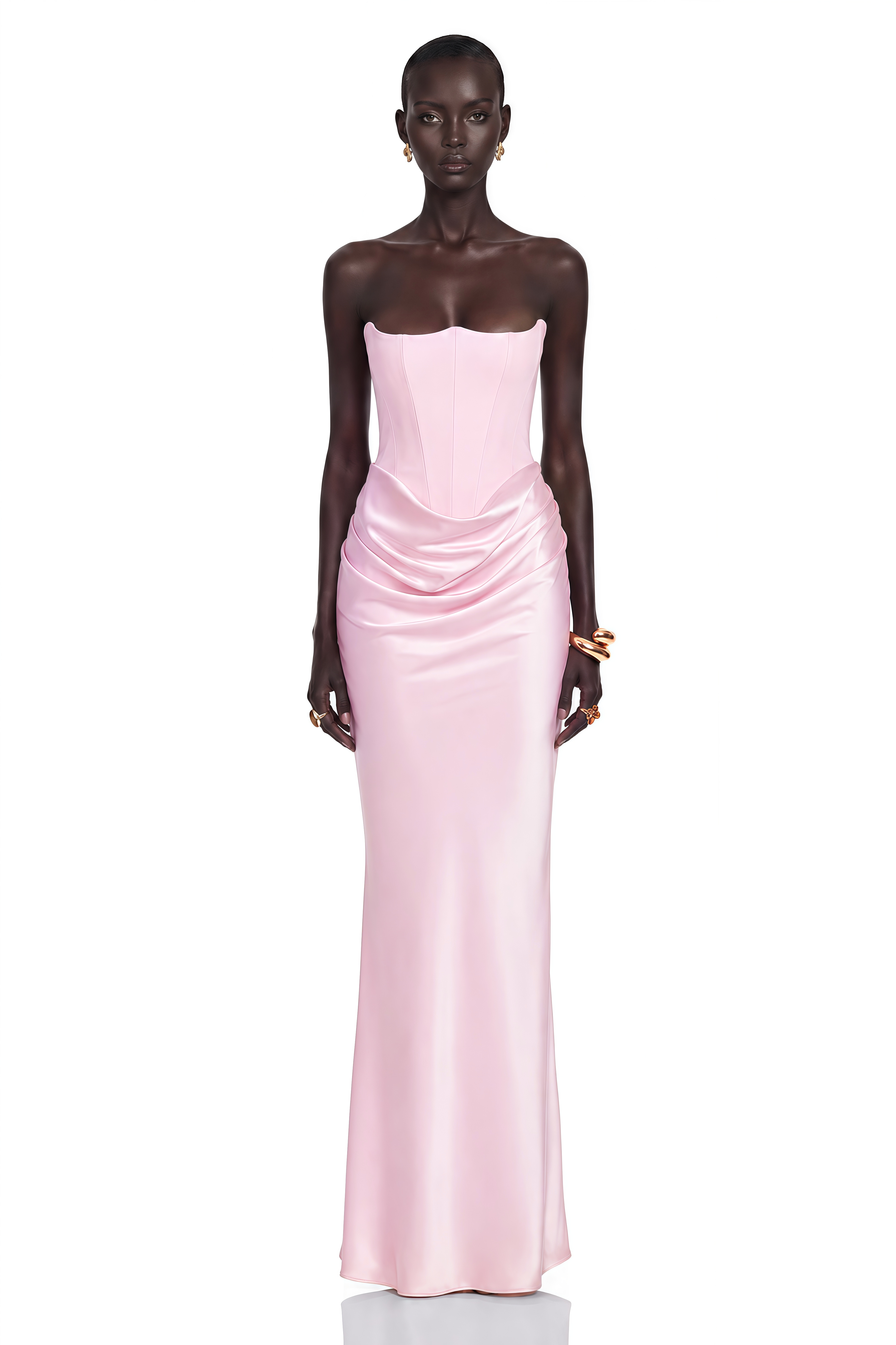 Light pink strapless gown with a corset bodice and draped satin skirt