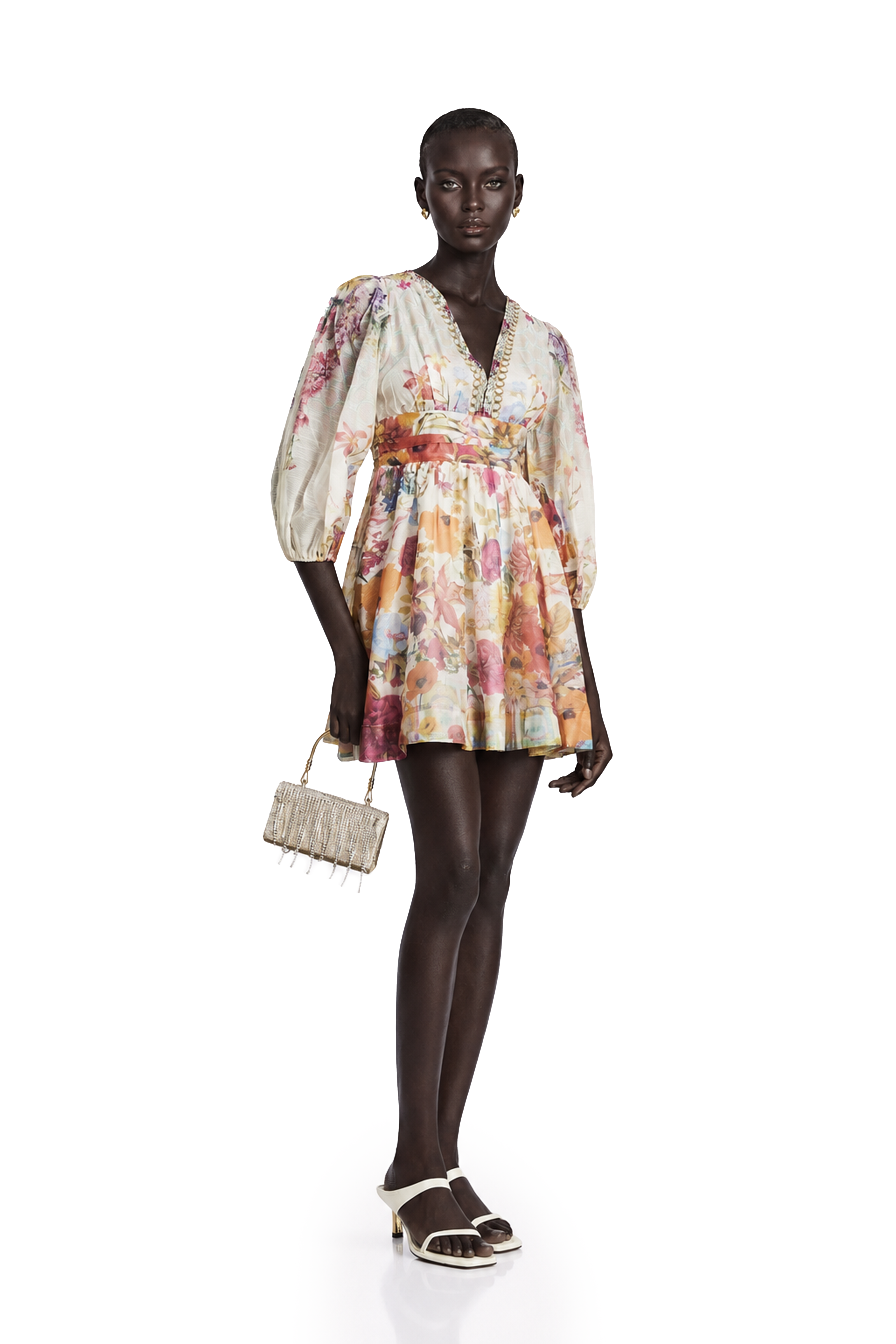 Floral V-neck mini dress with voluminous long sleeves