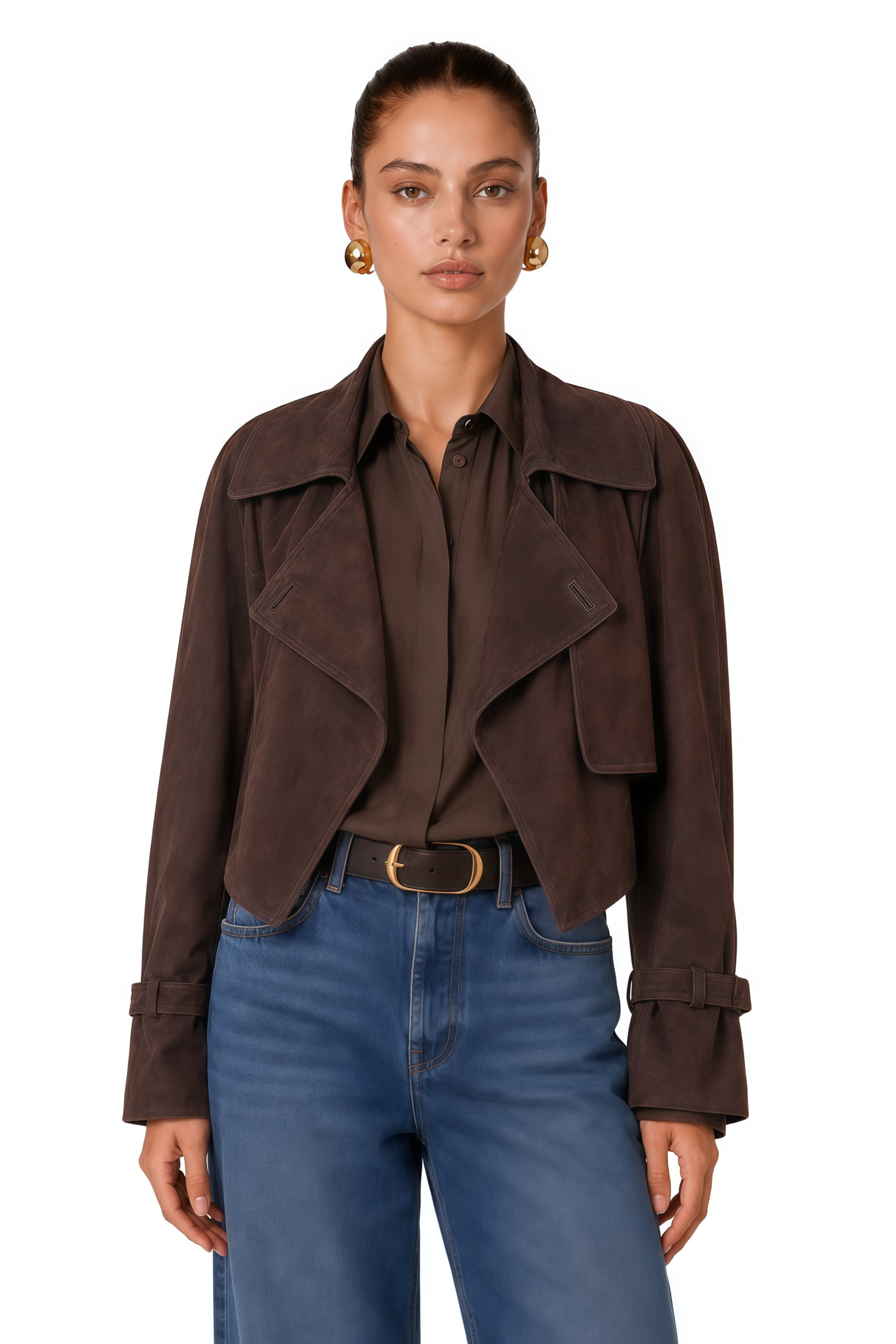 Esperanza Brown Belted Suede Short Biker Jacket