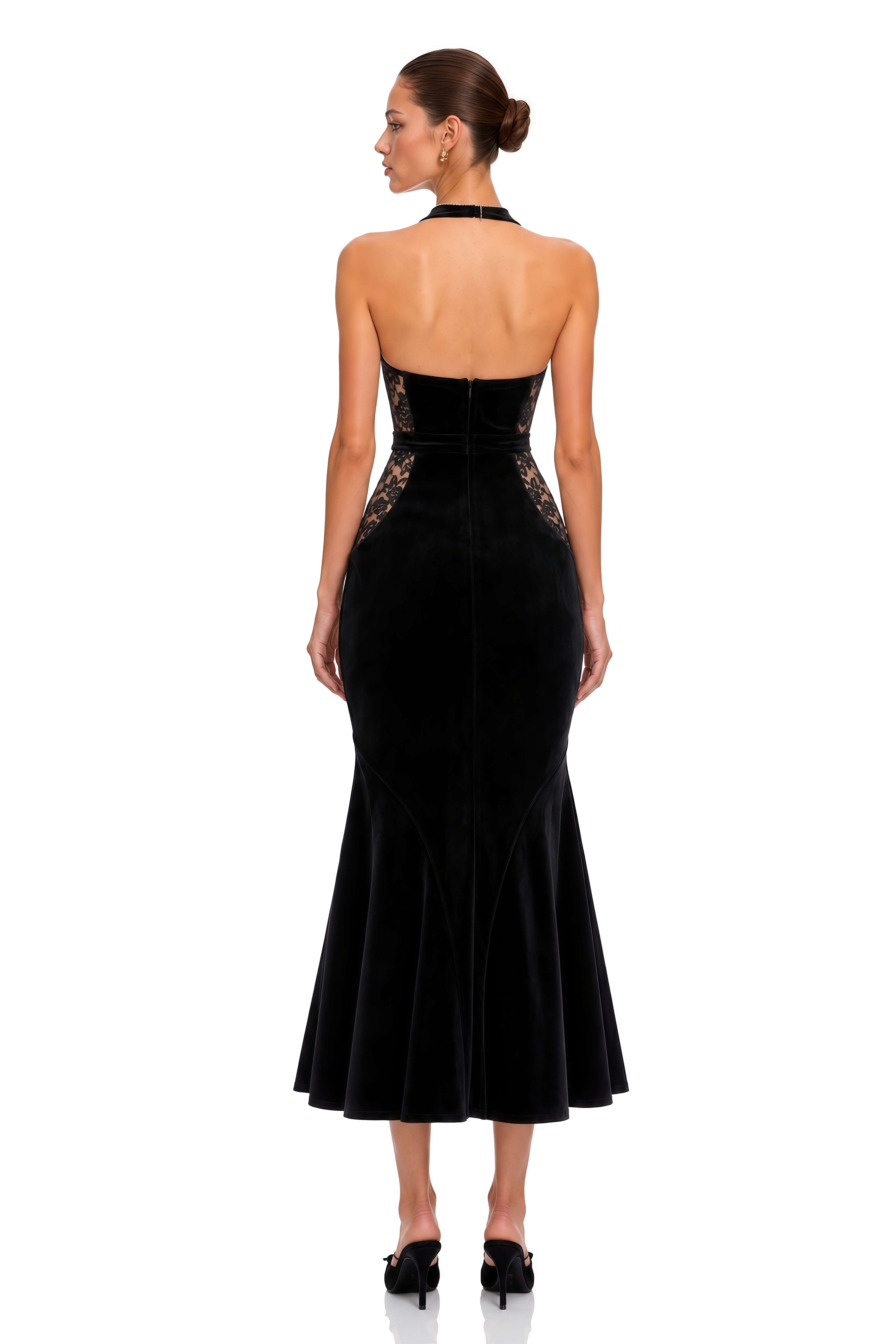 Tove Black Lace Panel Velvet Midi Dress