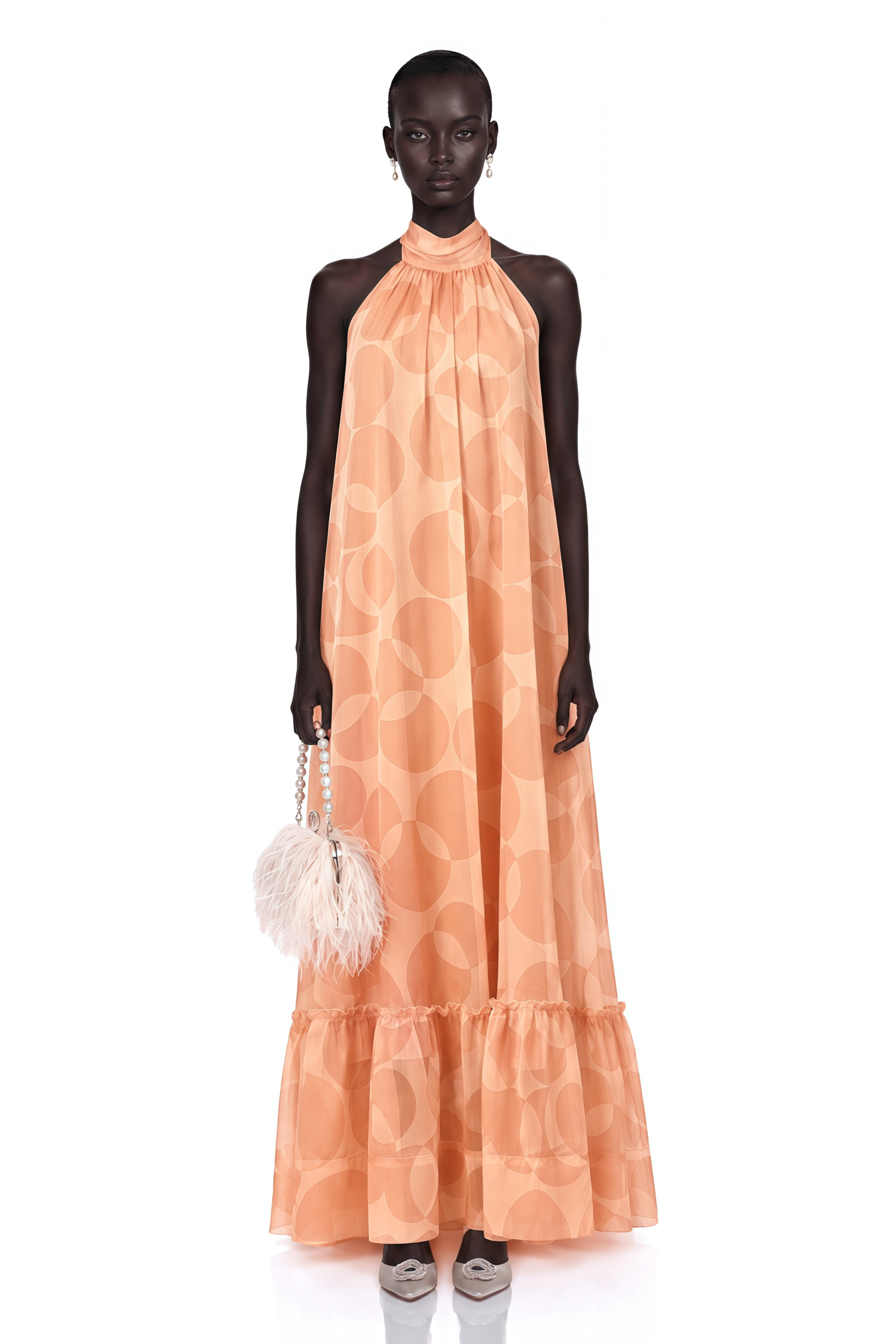 Clémence Coral-Pink Halterneck Pattern-Print Maxi Dress