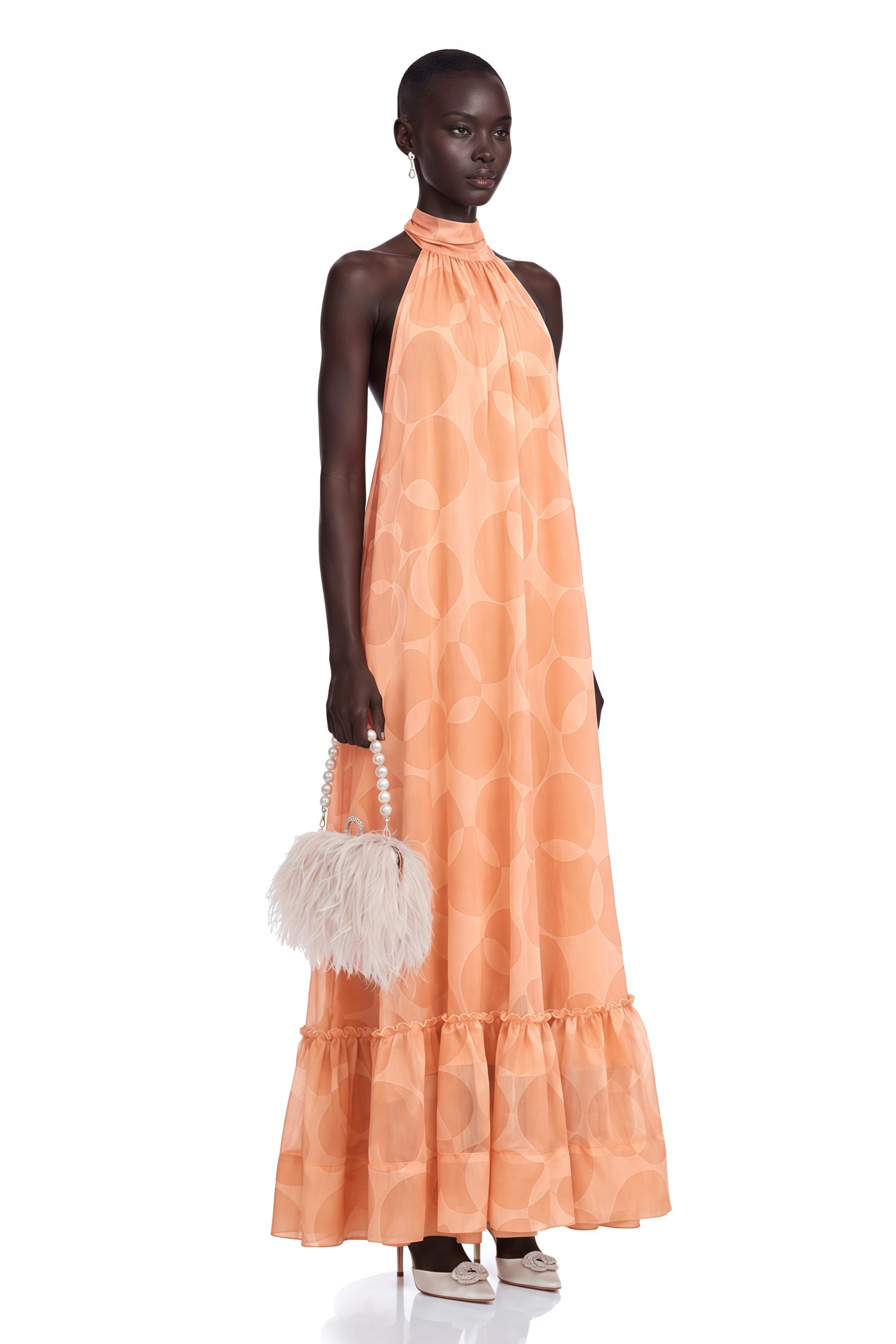 Clémence Coral-Pink Halterneck Pattern-Print Maxi Dress