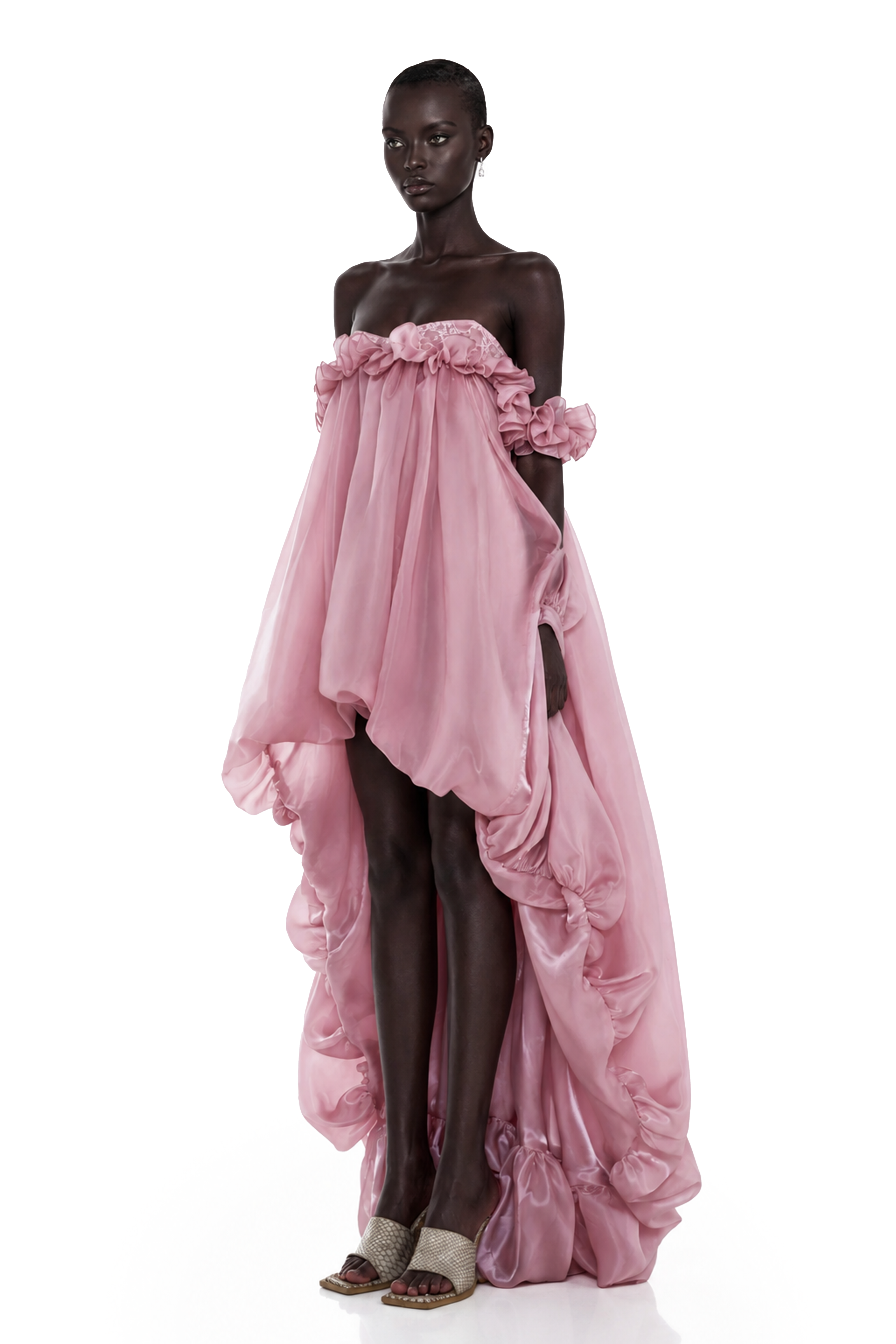 Pink off-the-shoulder high-low organza gown with ruffles