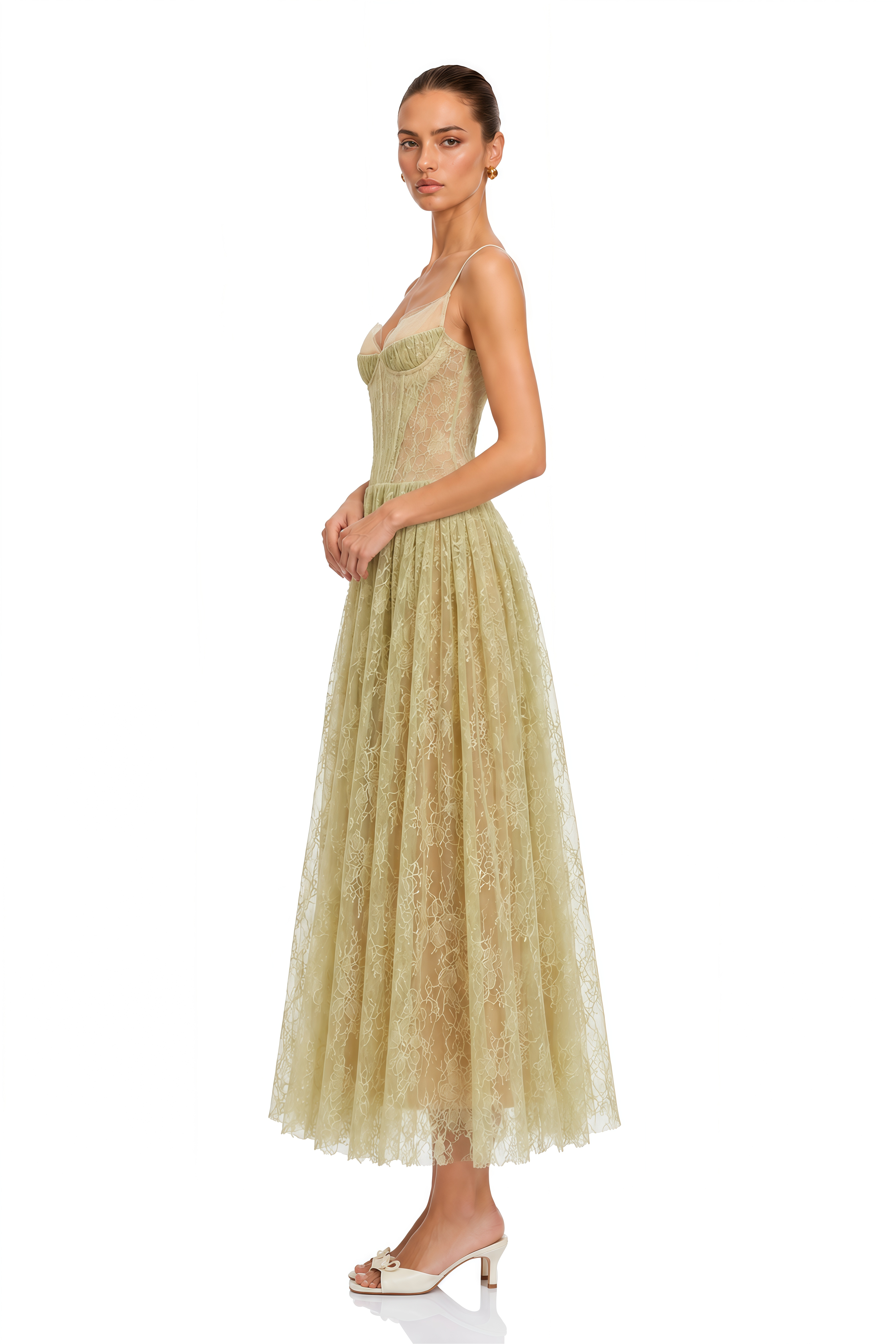 Severine Green Floral Lace Tulle Maxi Dress