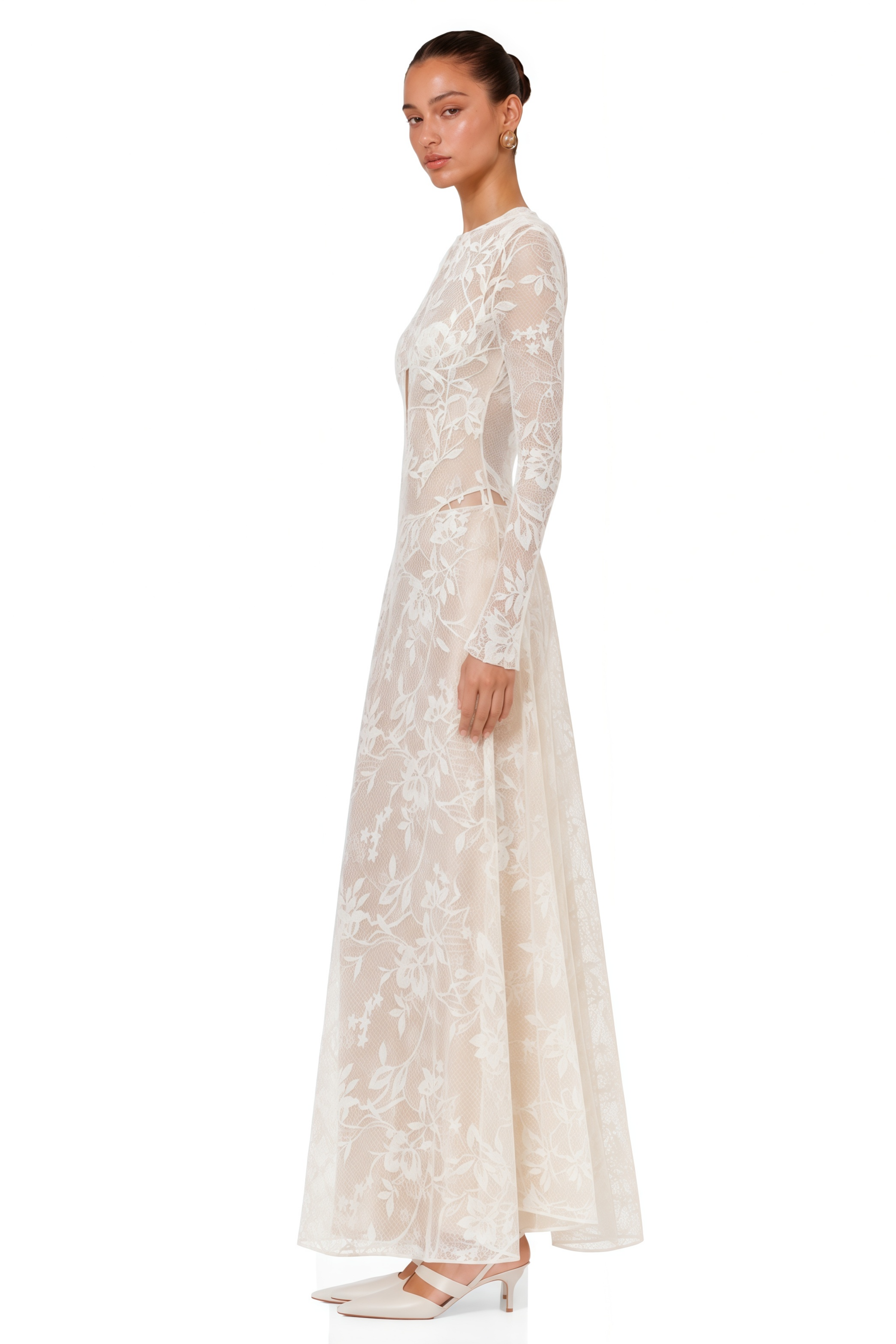 Amber White Long Sleeve Floral Lace Midi Dress