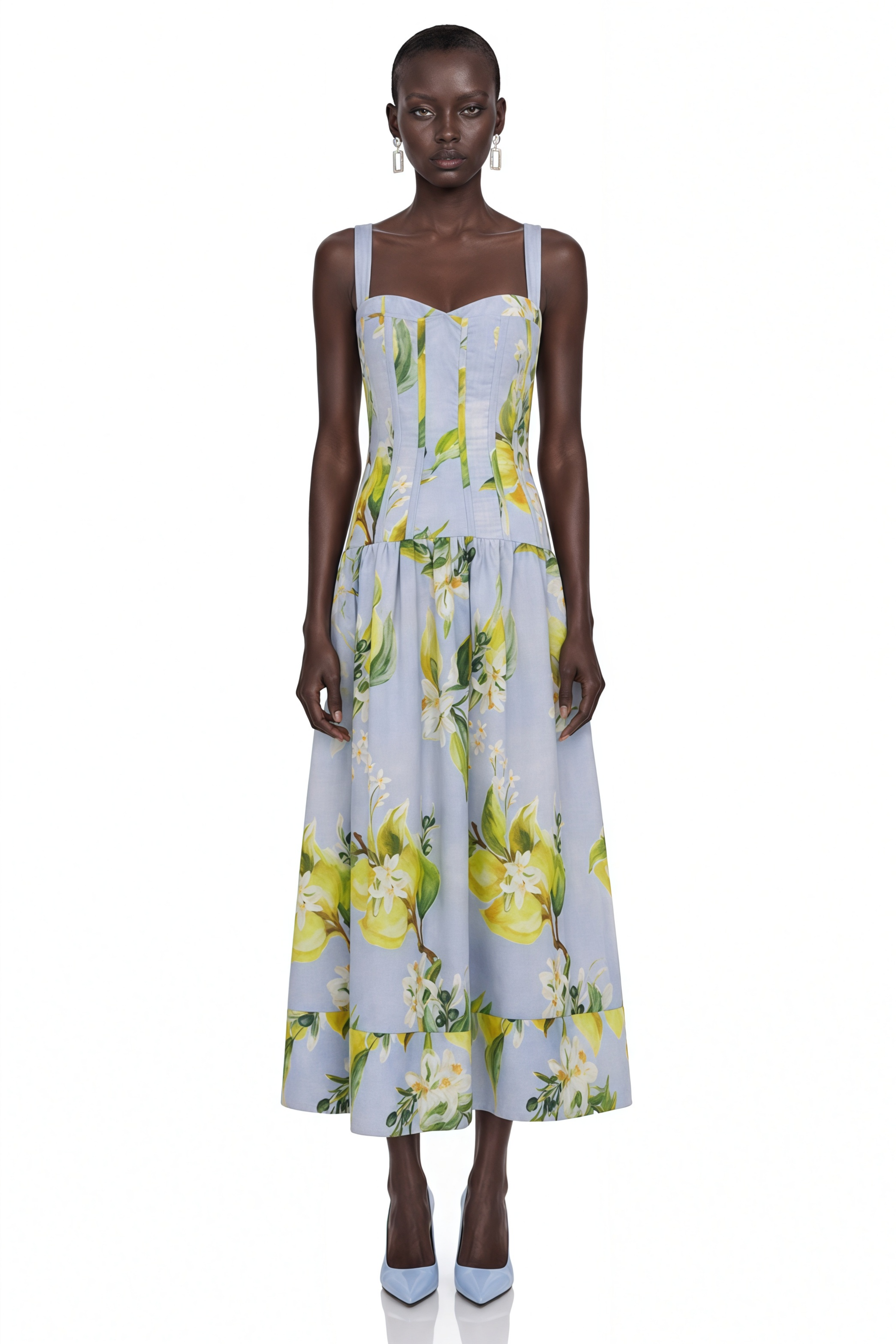 Esmée Blue Cottagecore Shirred Floral Midi Dress