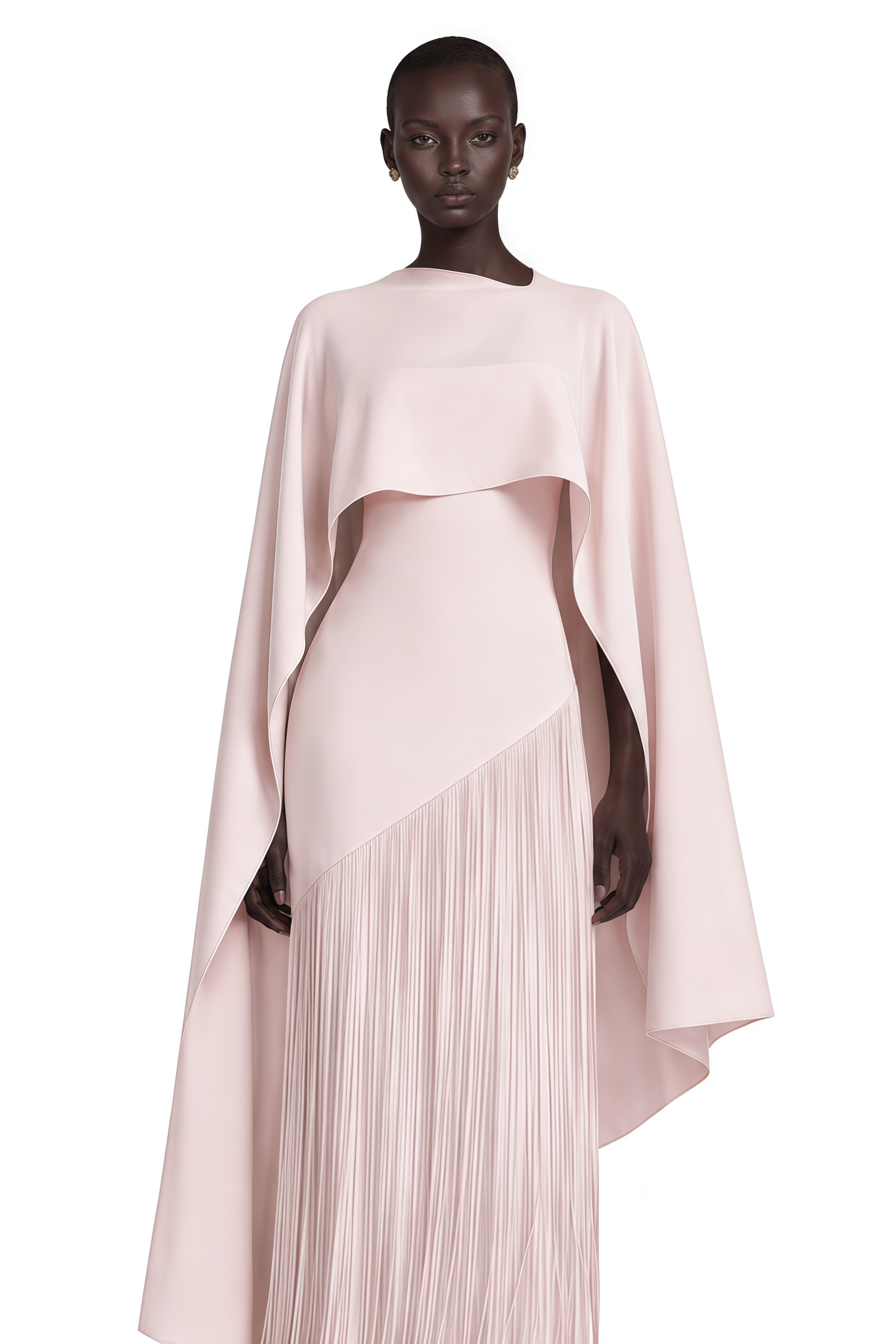 Cayetana Nude Pink Fringe Maxi Dress with Cape Effect