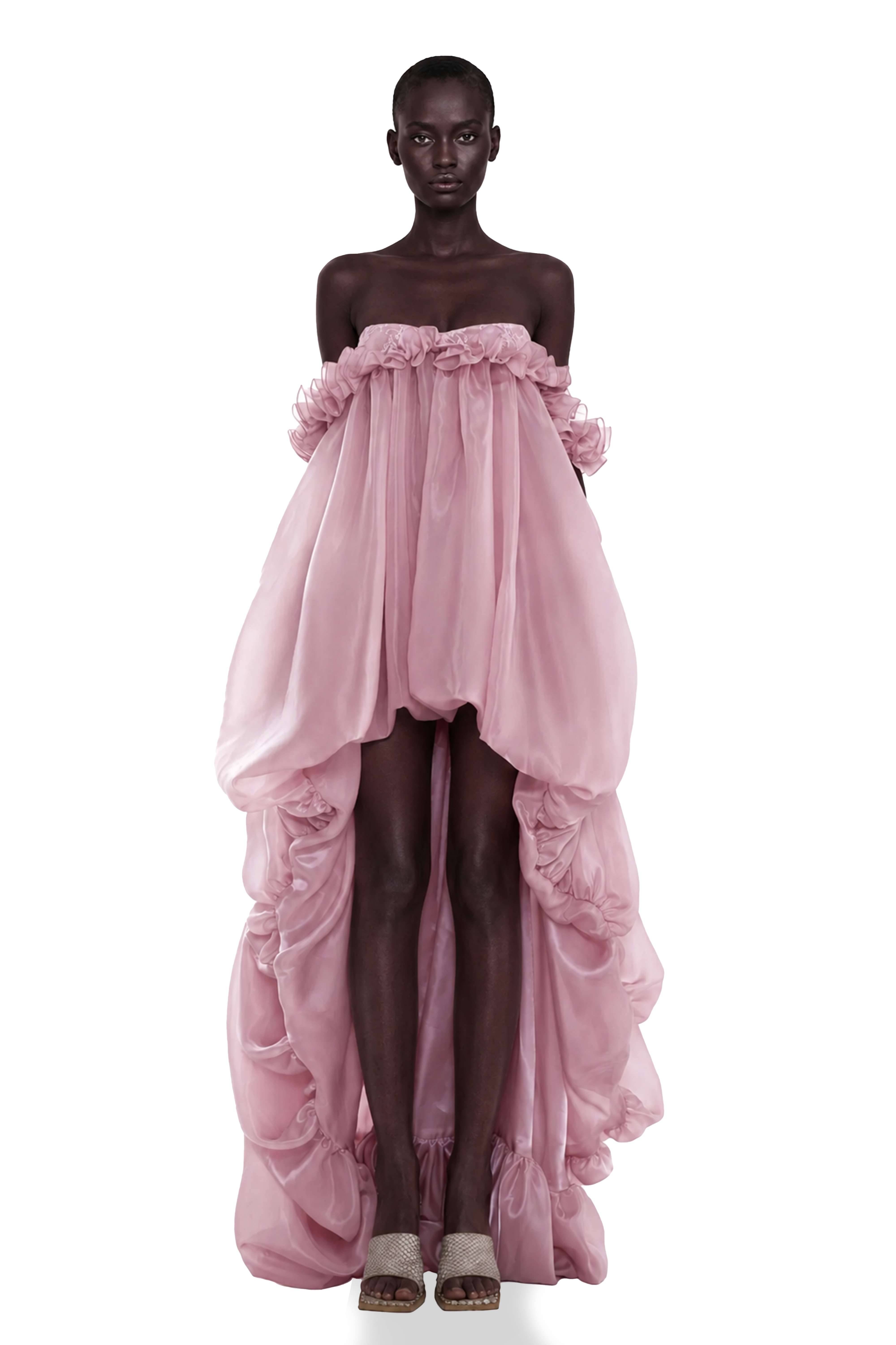Pink off-the-shoulder high-low organza gown with ruffles