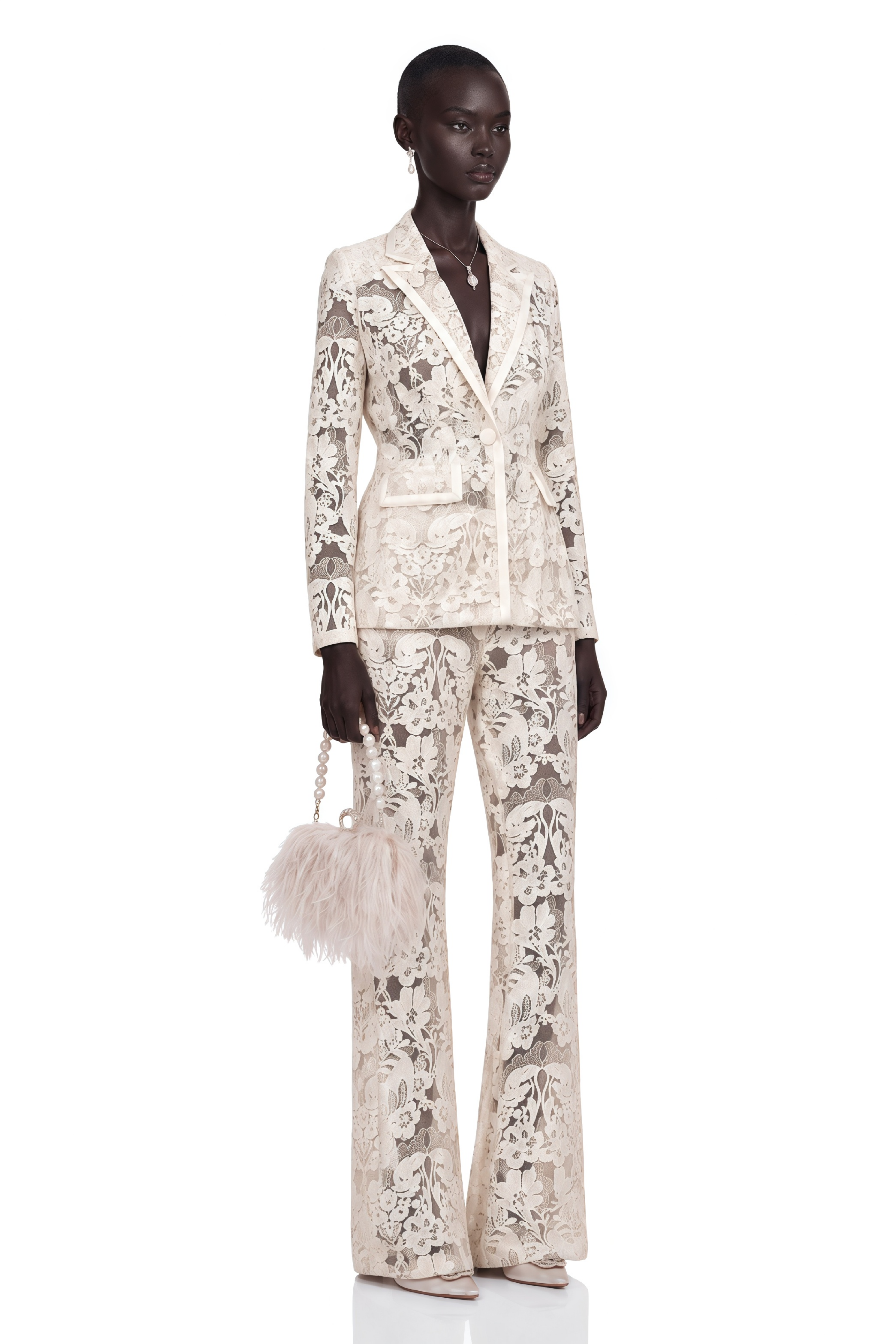 Yaelle White Sequined Flower-Embroidered Tulle Blazer & Trousers Matching Set