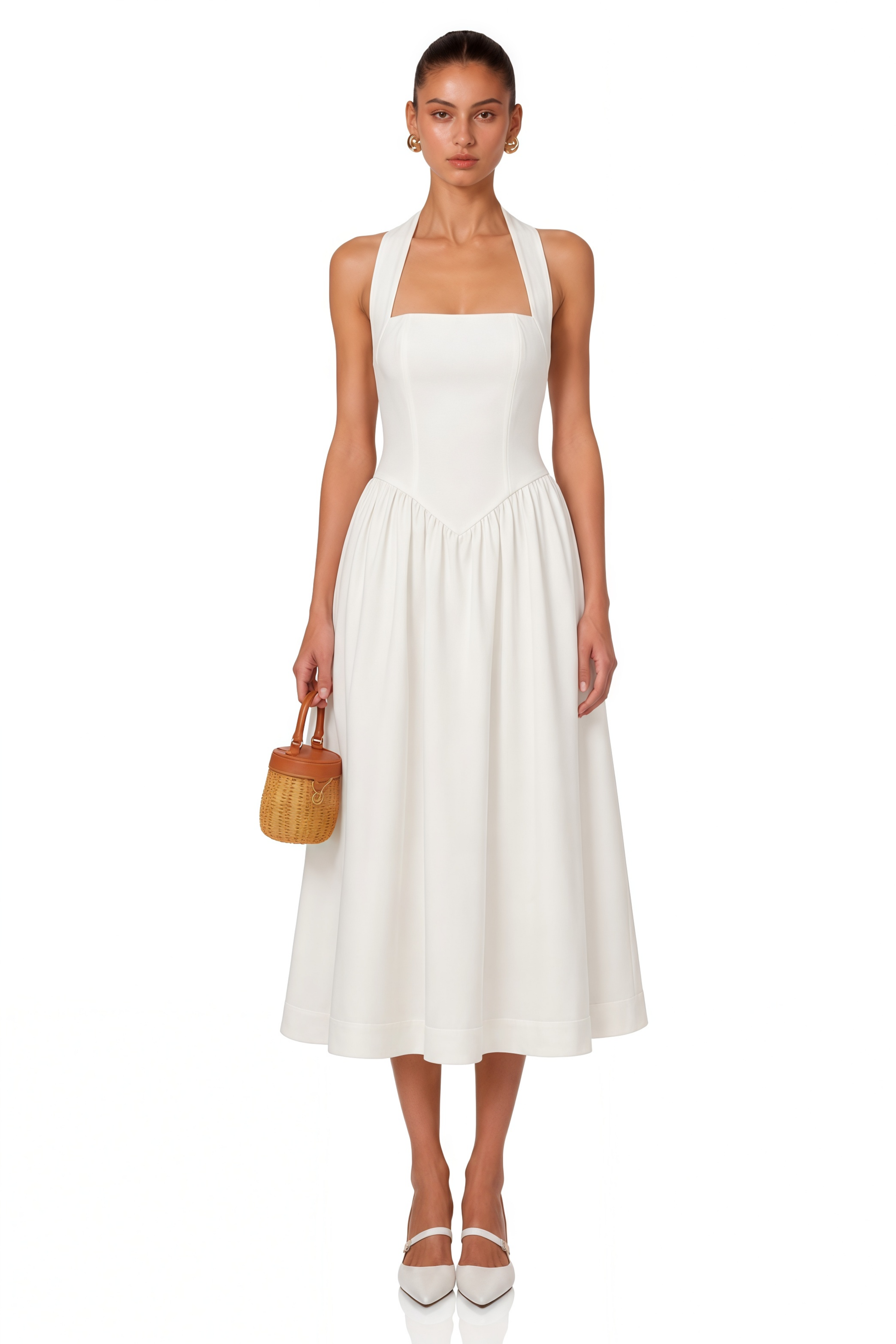 Alizée Halterneck Pleated Midi Dress in White