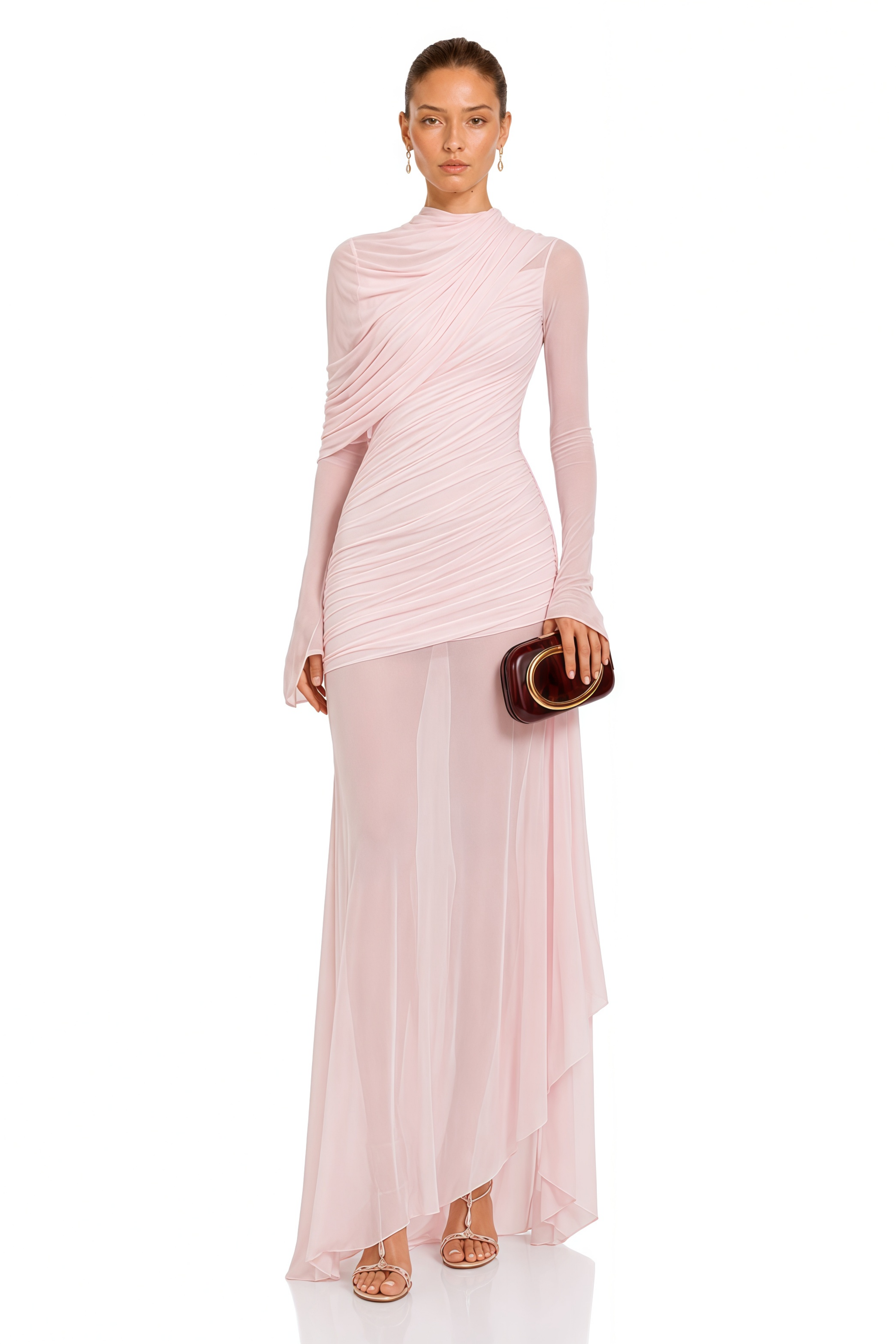 Garance Pink Asymmetrical Ruched Mesh Maxi Dress