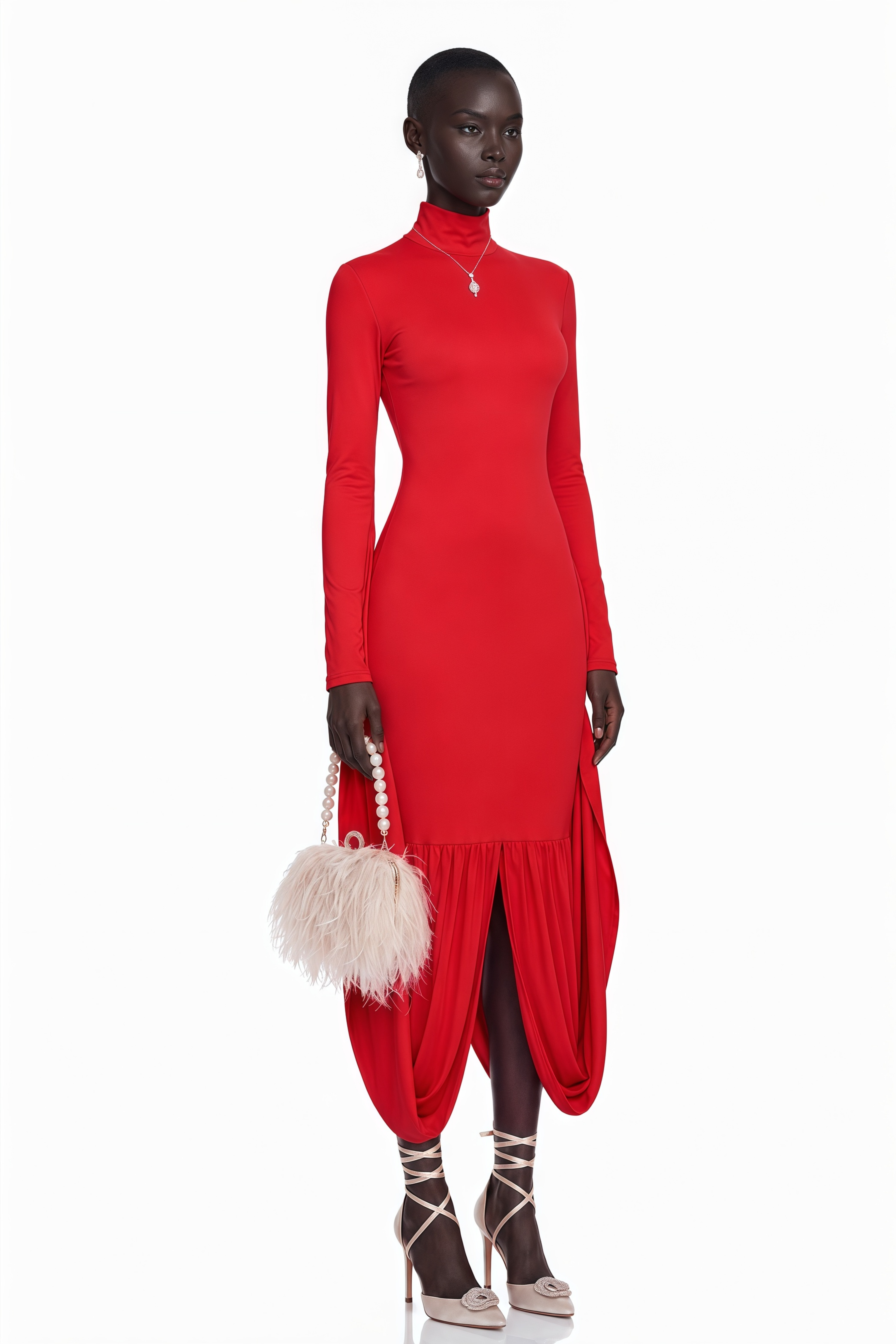 Camila Red Bodycon Midi Dress with Gathered balloon hem