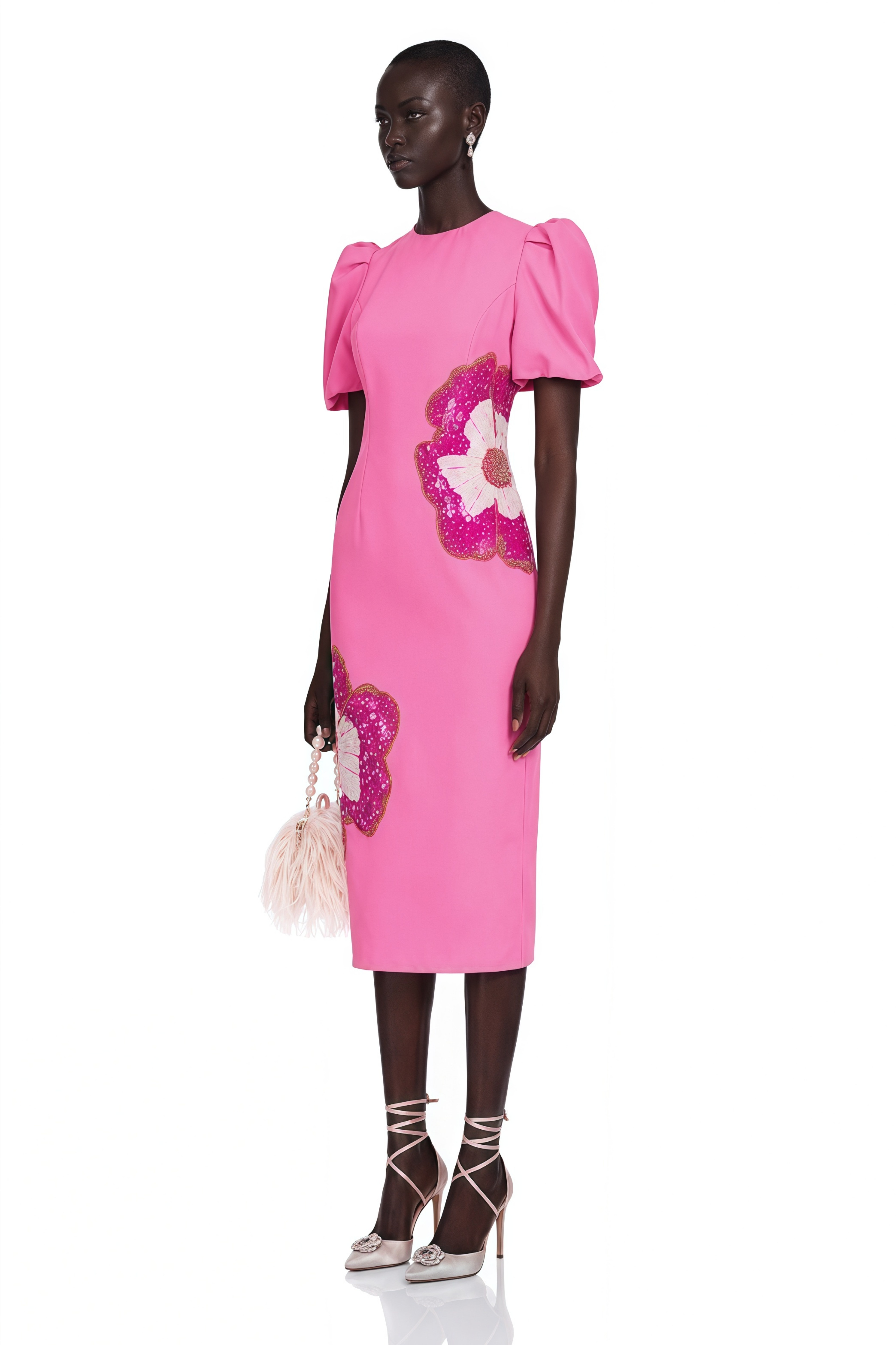Ángela Pink Embellished Floral Midi Dress