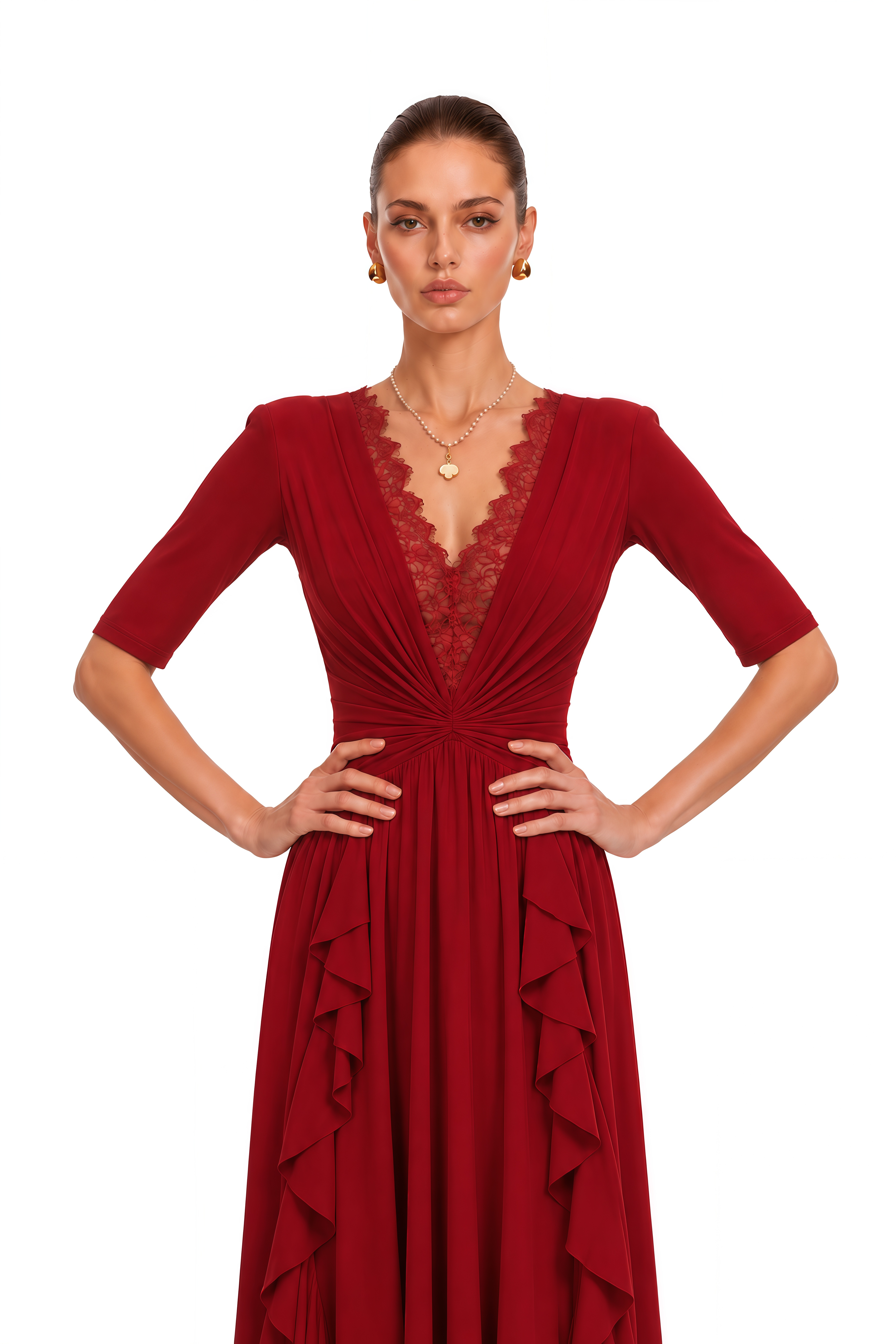 Giovanna Red V-Neck Ruched Midi Dress with Half Sleeves