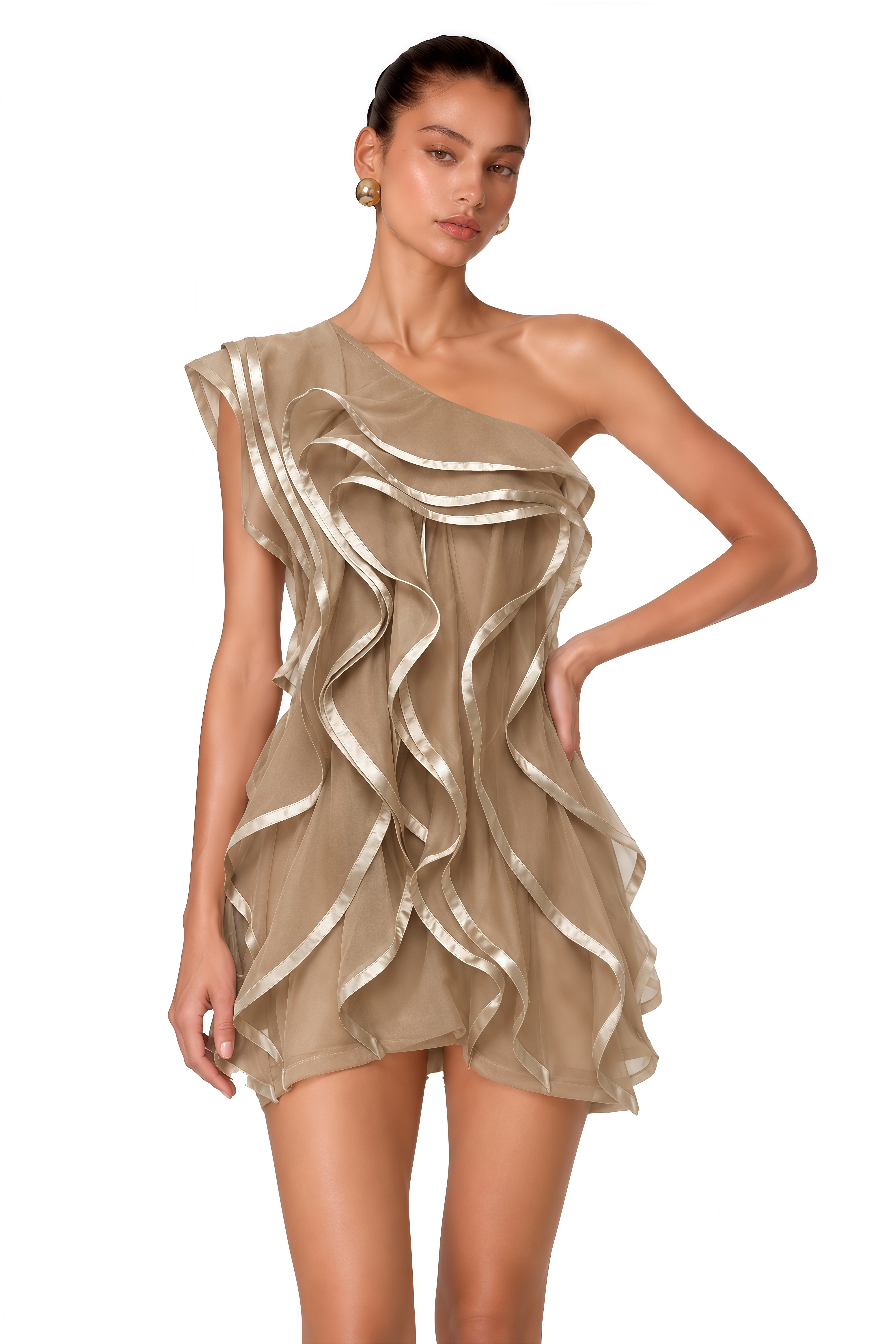 Alchimie Brown Ruffled Tulle Mini Dress