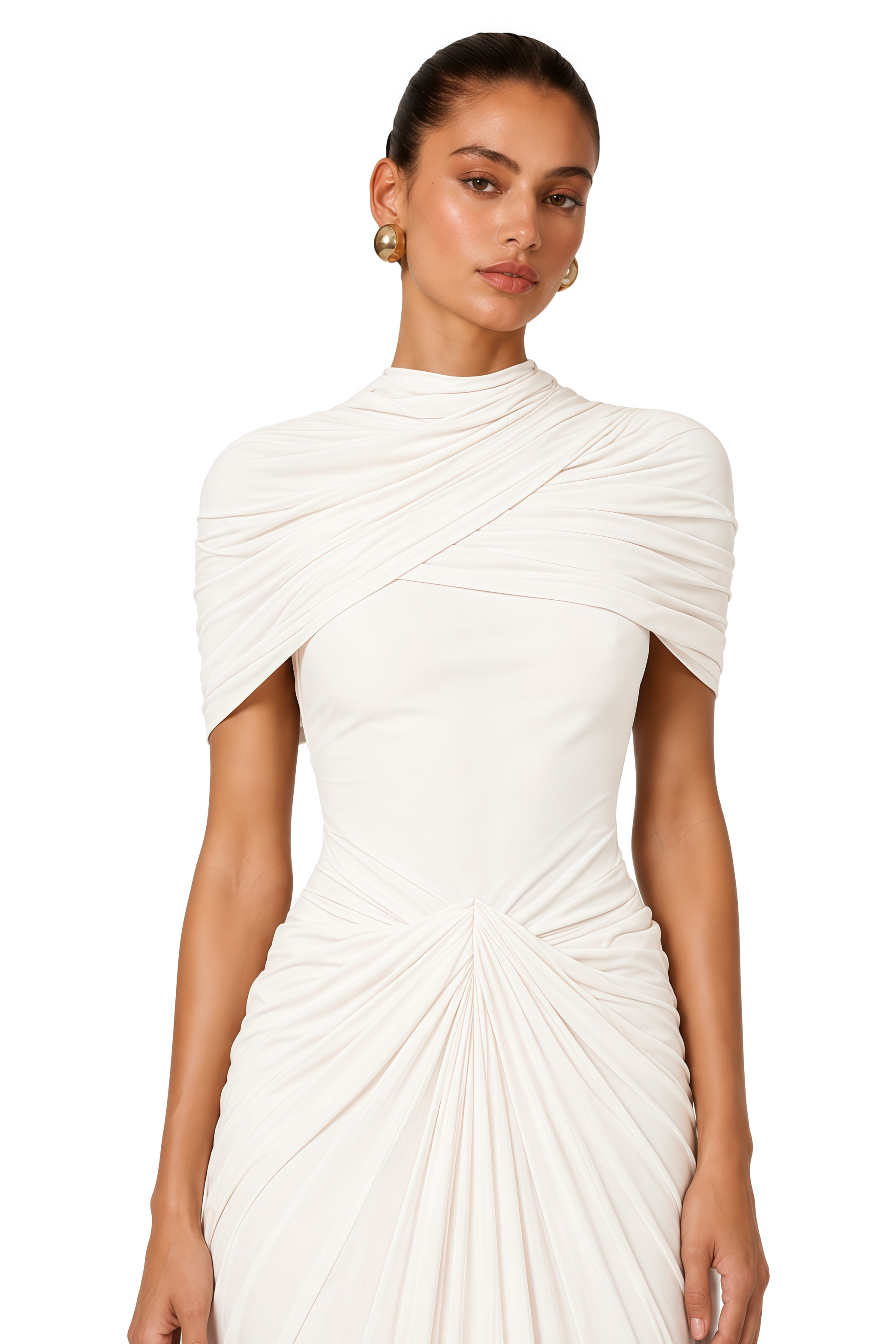 Zeynep White Ruched Maxi Dress with Cape Sleeves