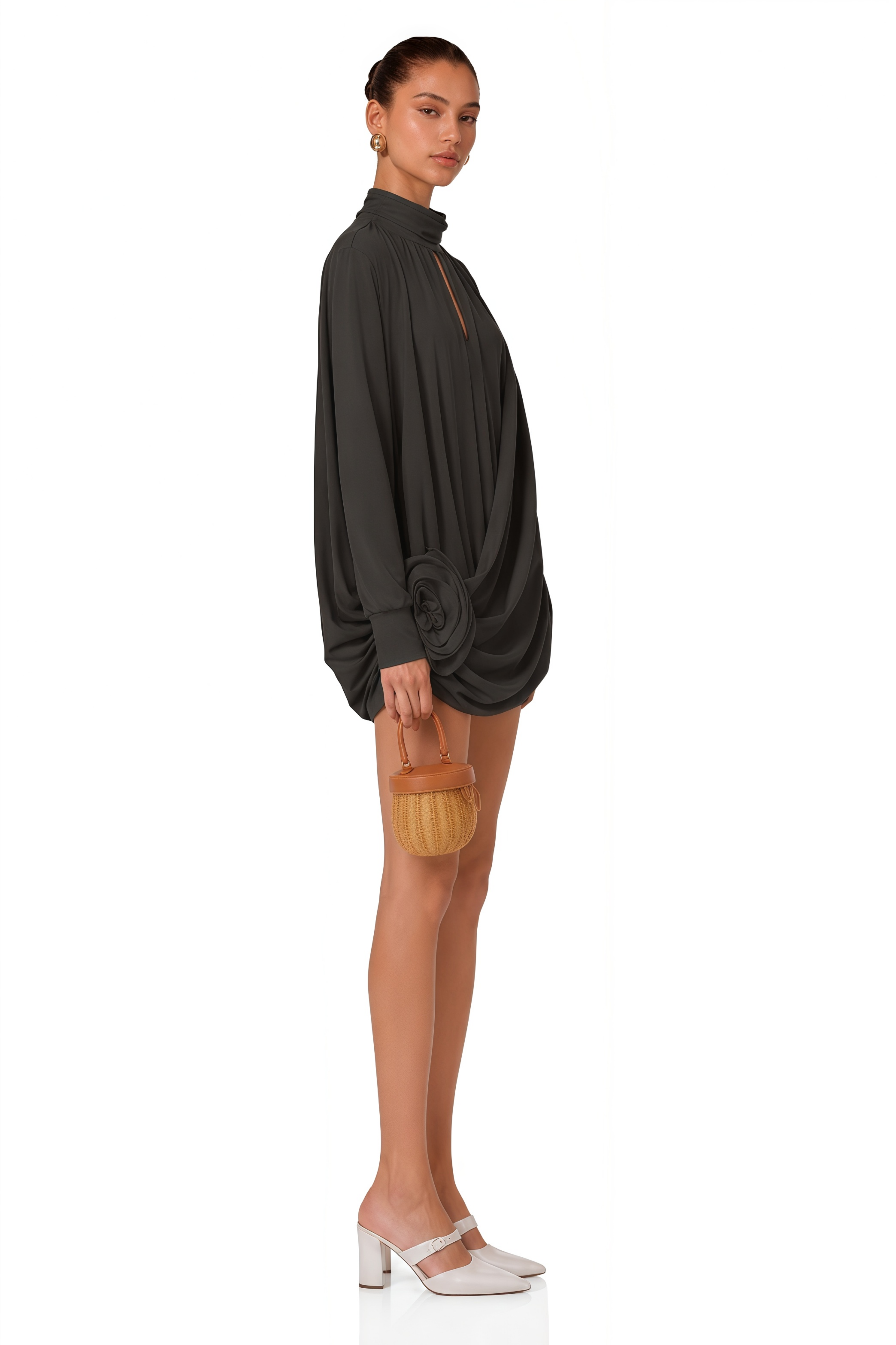 Maeva Faux-Flower Ruched Mini Dress in Black