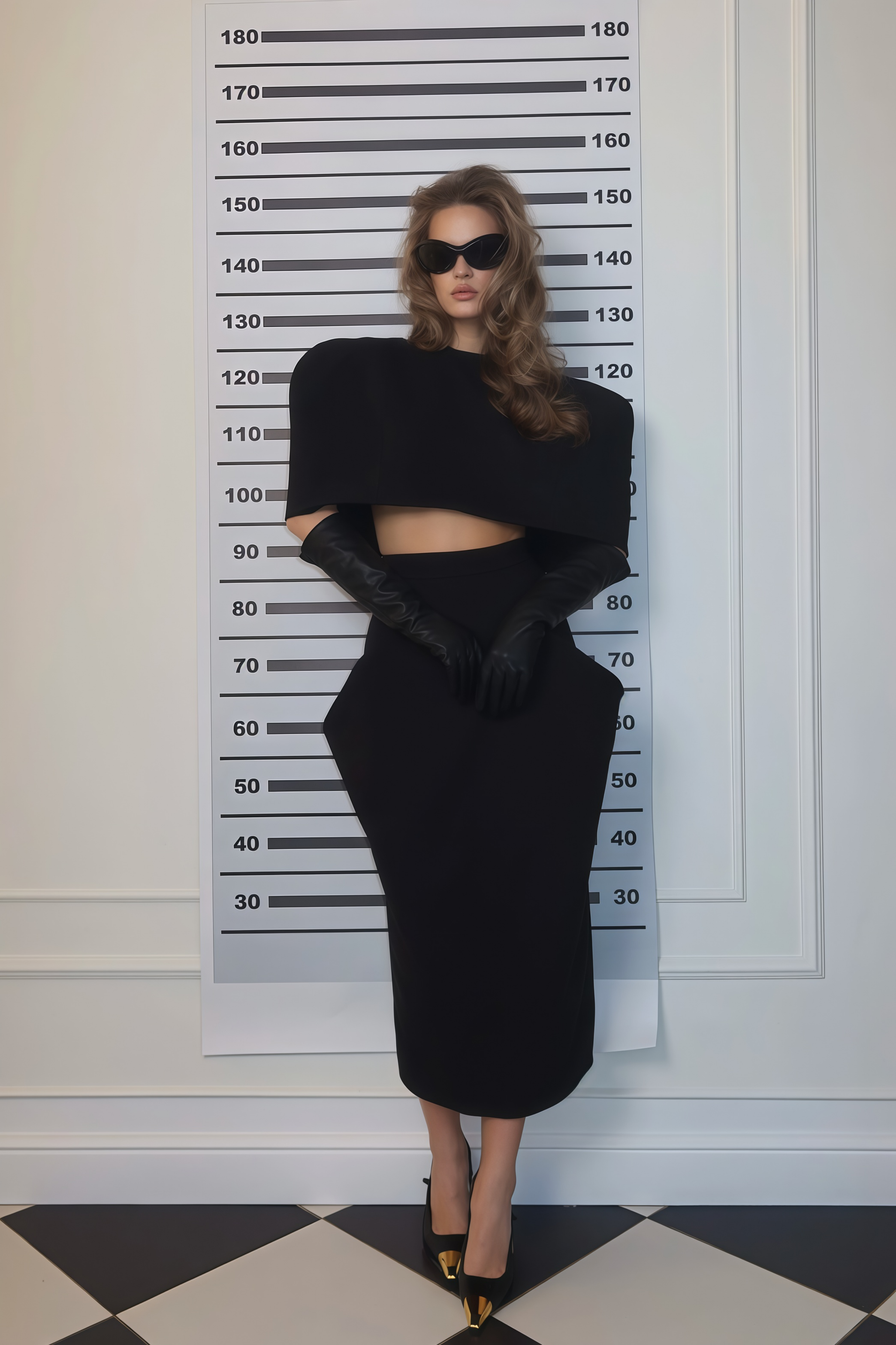 Black structured two-piece midi set with a boxy crop top and an exaggerated hip midi skirt