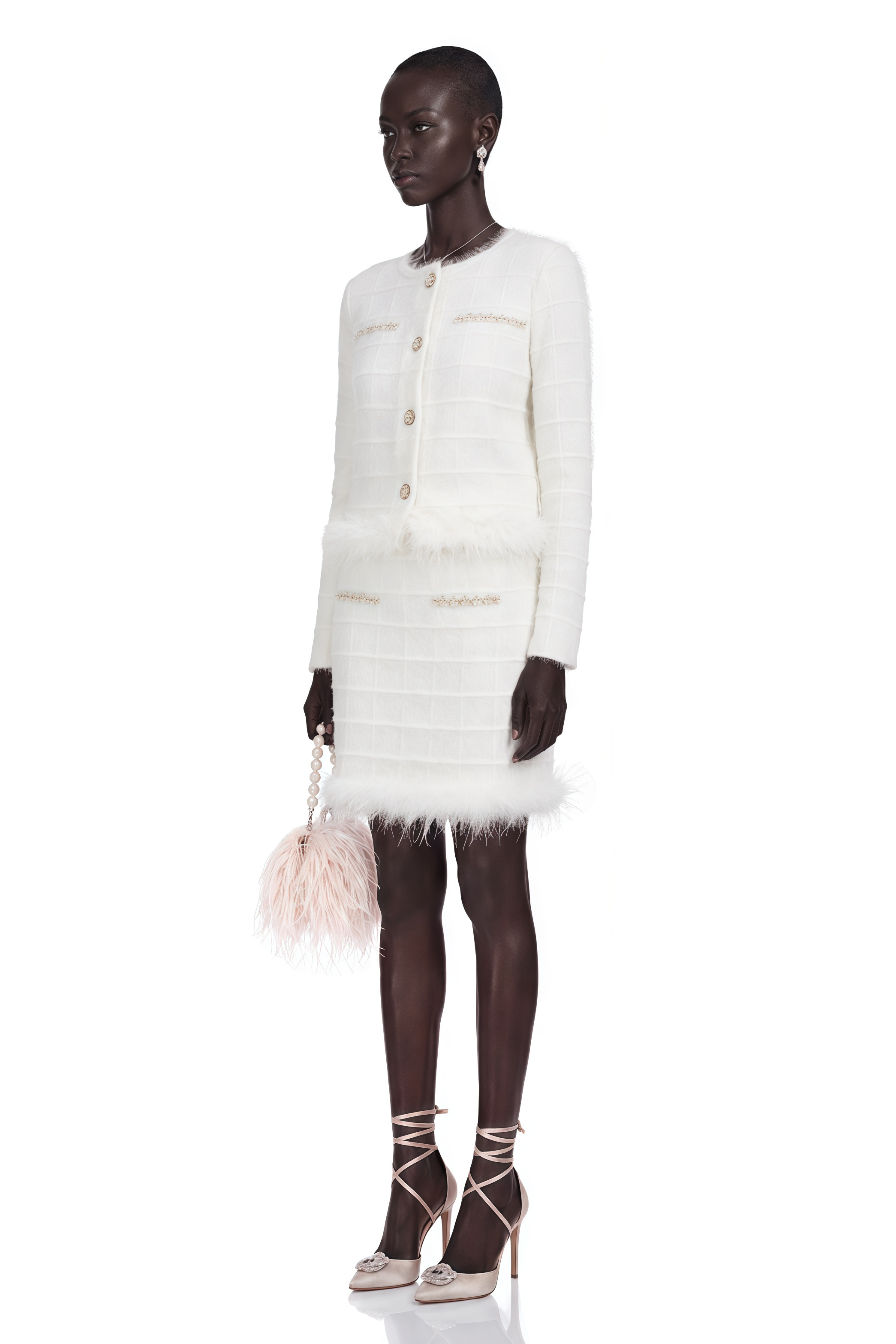 Cora White Feather Waffle Knit Cardigan & Skirt Matching Set