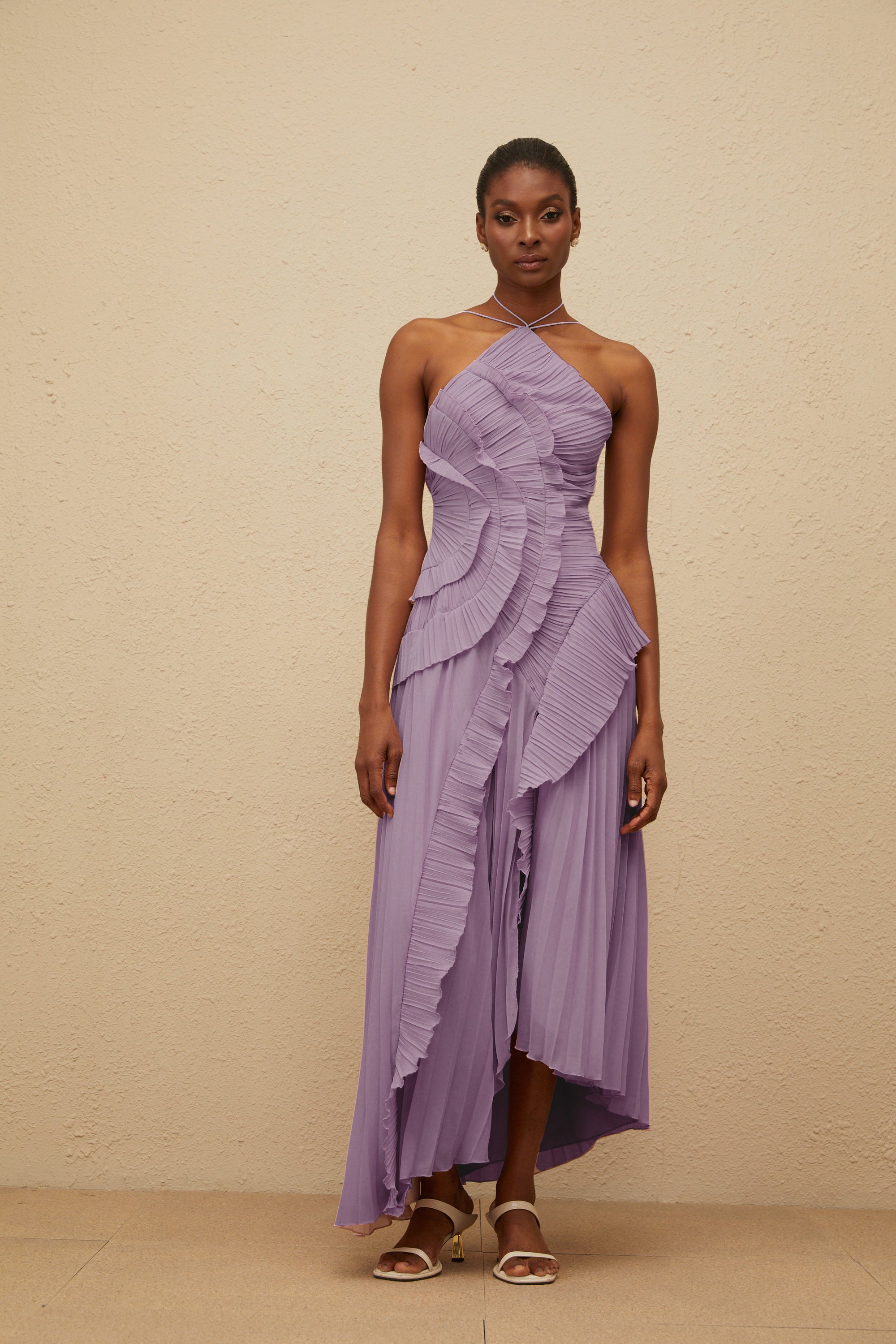 Lavender Ruffled Pleated Midi Dress