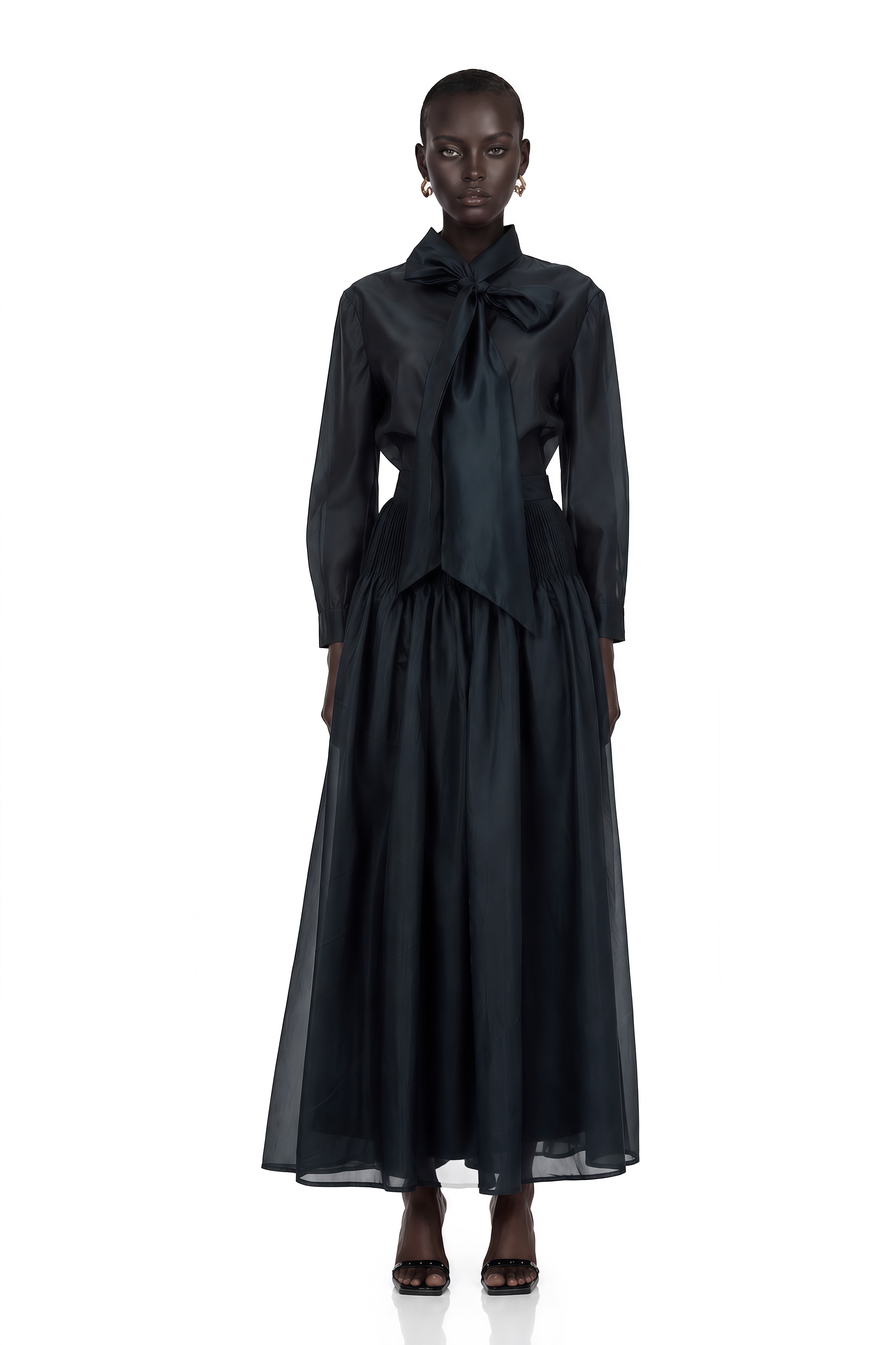 Black long-sleeve maxi dress with a pussy-bow neckline