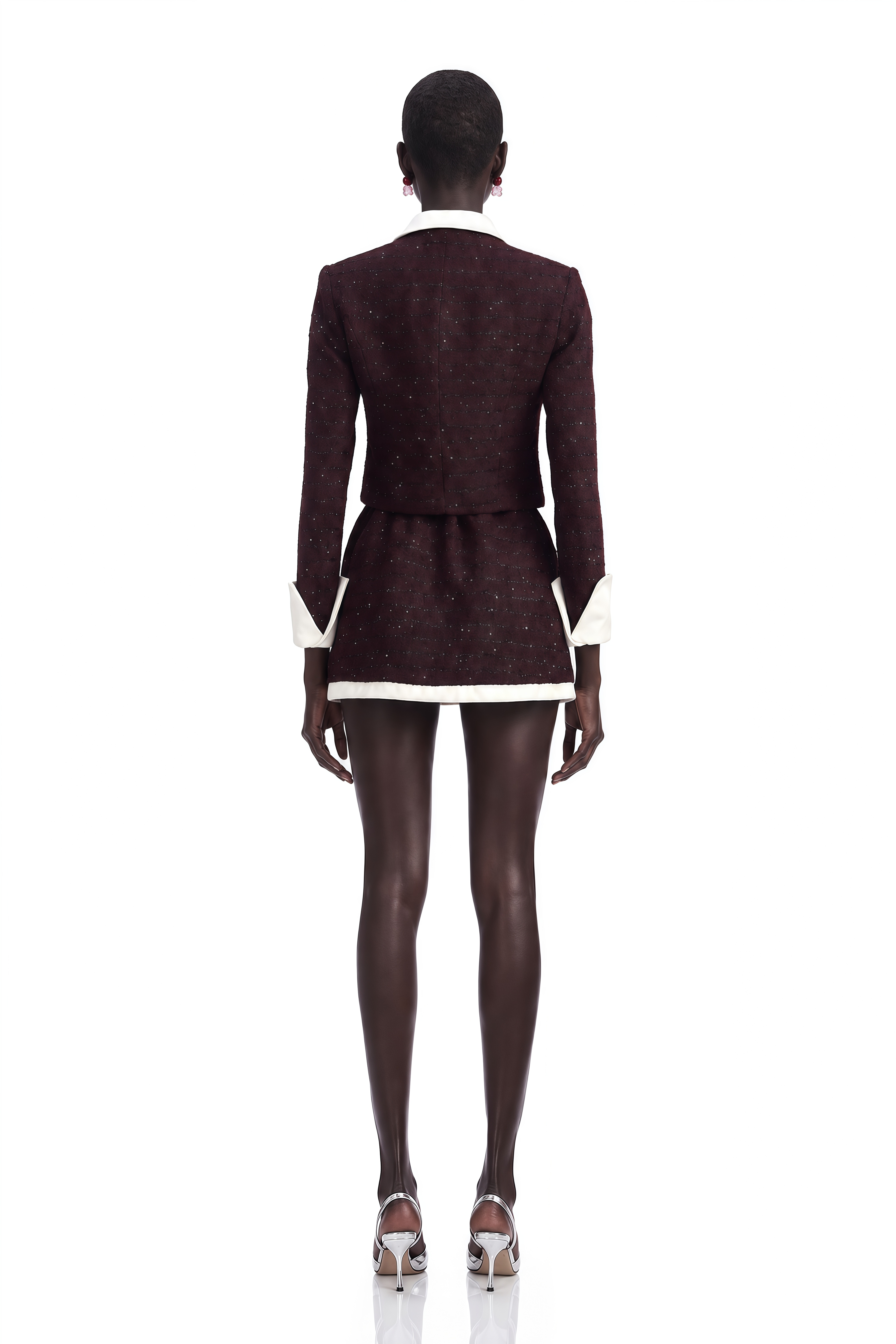 Purple tweed jacket and mini skirt set